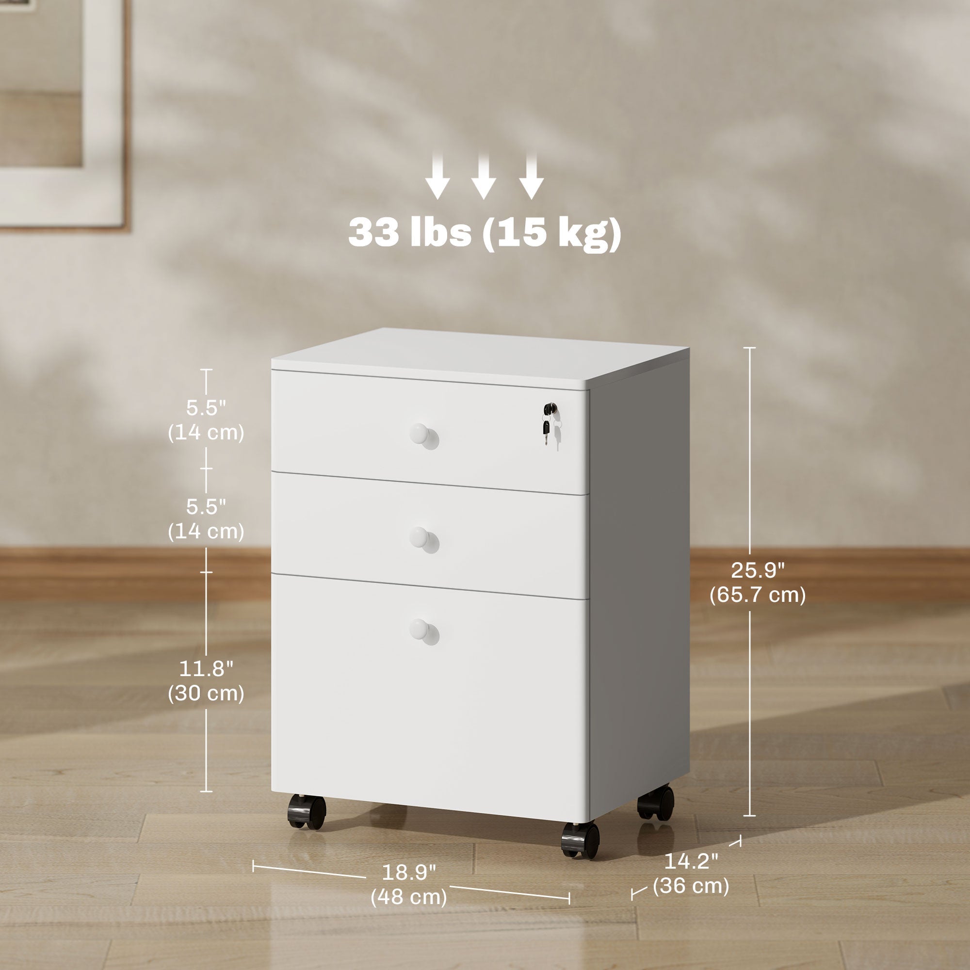 HOMCOM 3-Drawer Small Filing Cabinet with Lock, Vertical Office Storage Cabinet with Wheels for Home Office, White 