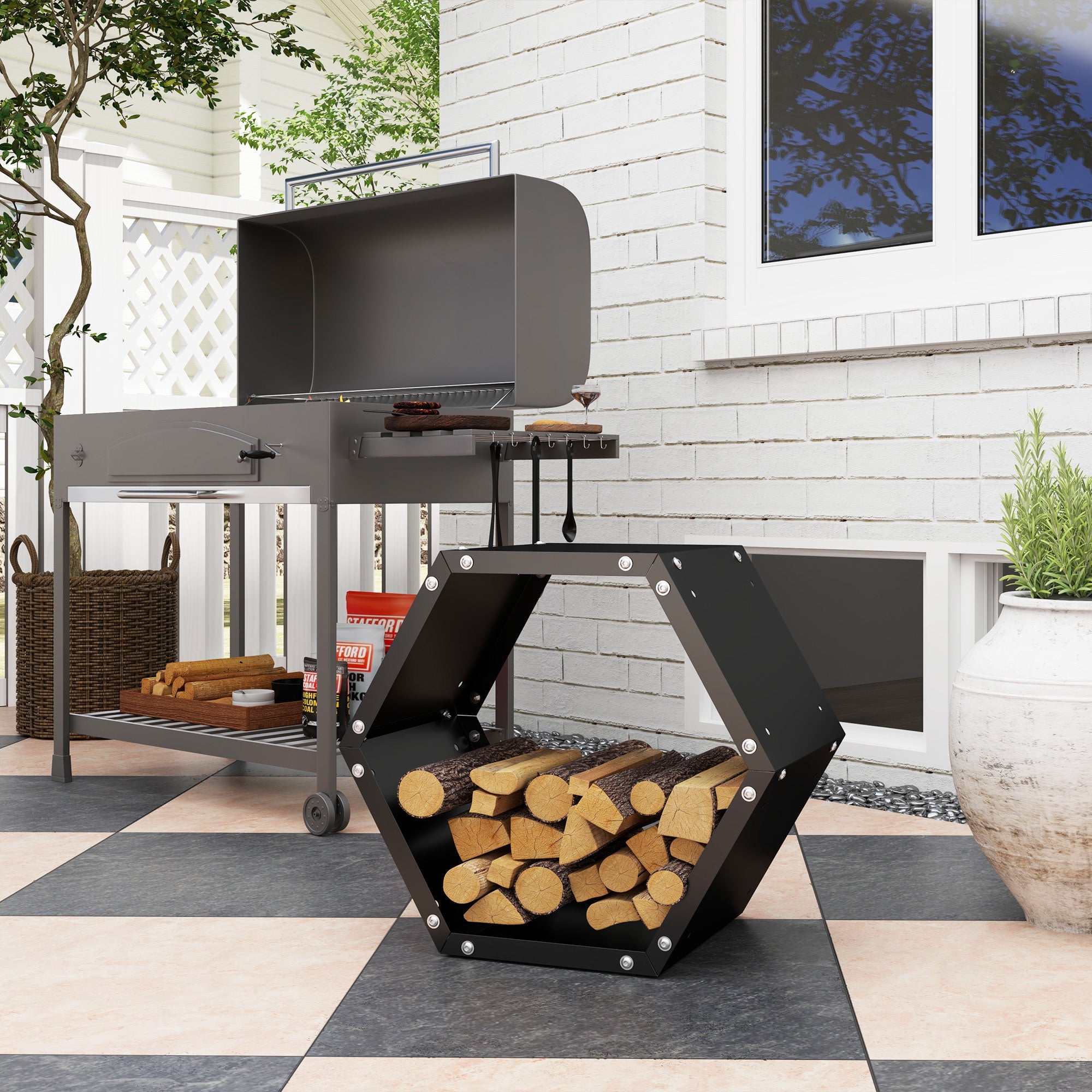 Outsunny Hexagon Firewood Log Rack Heavy-Duty Steel Log Holder for Outdoor Indoor Use, 25.6" x 14.6" x 22.4", Black 