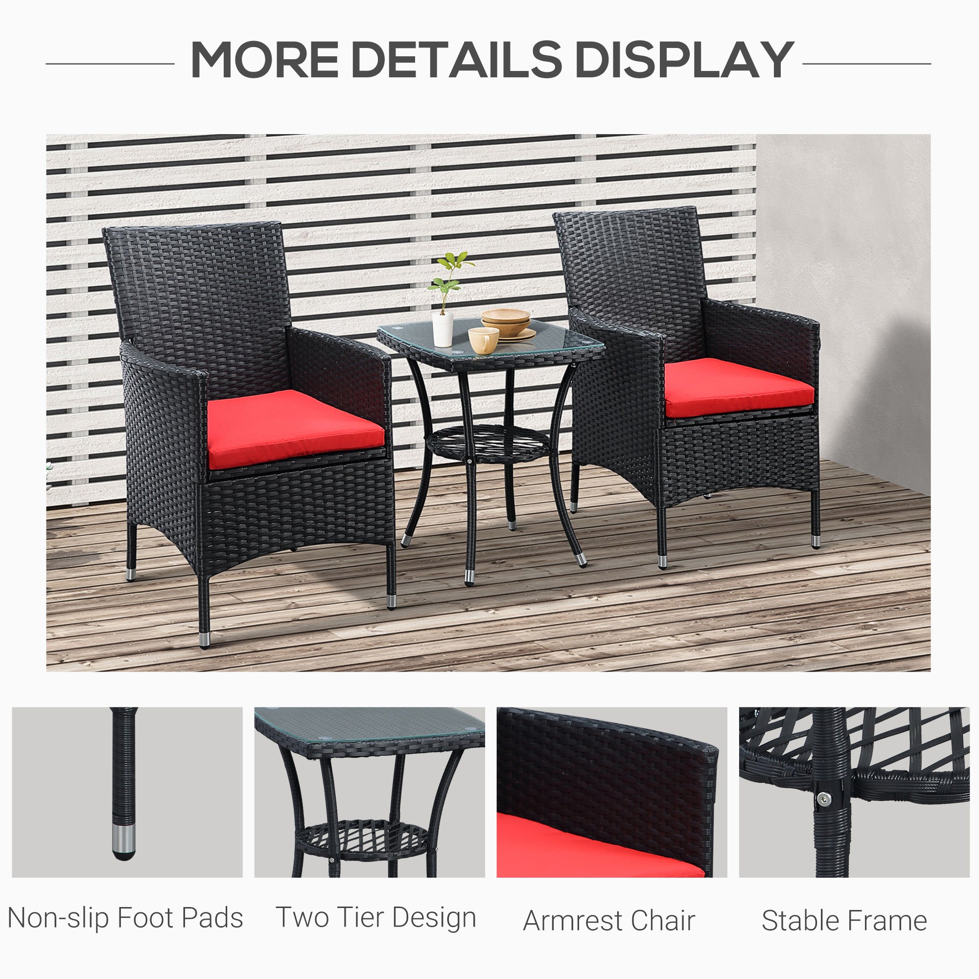 Outsunny 3PC Rattan Bistro Set Outdoor Garden Furniture 2 Armchair Glass Top Coffee Table Wicker Black 
