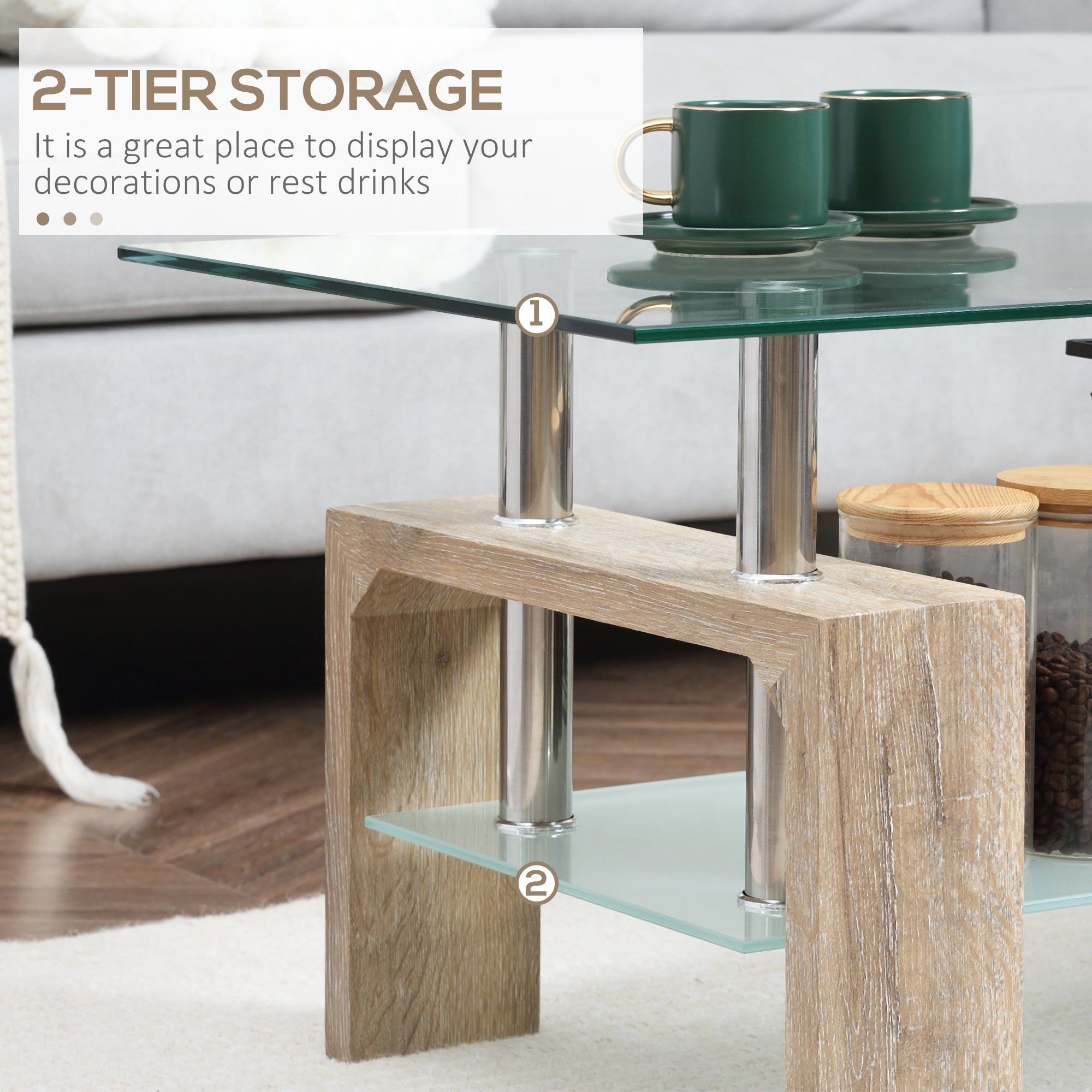 HOMCOM Natural Rectangle Glass Coffee Table: 2-Tier Table with Storage Shelf, Tempered Glass Top for Living Room 