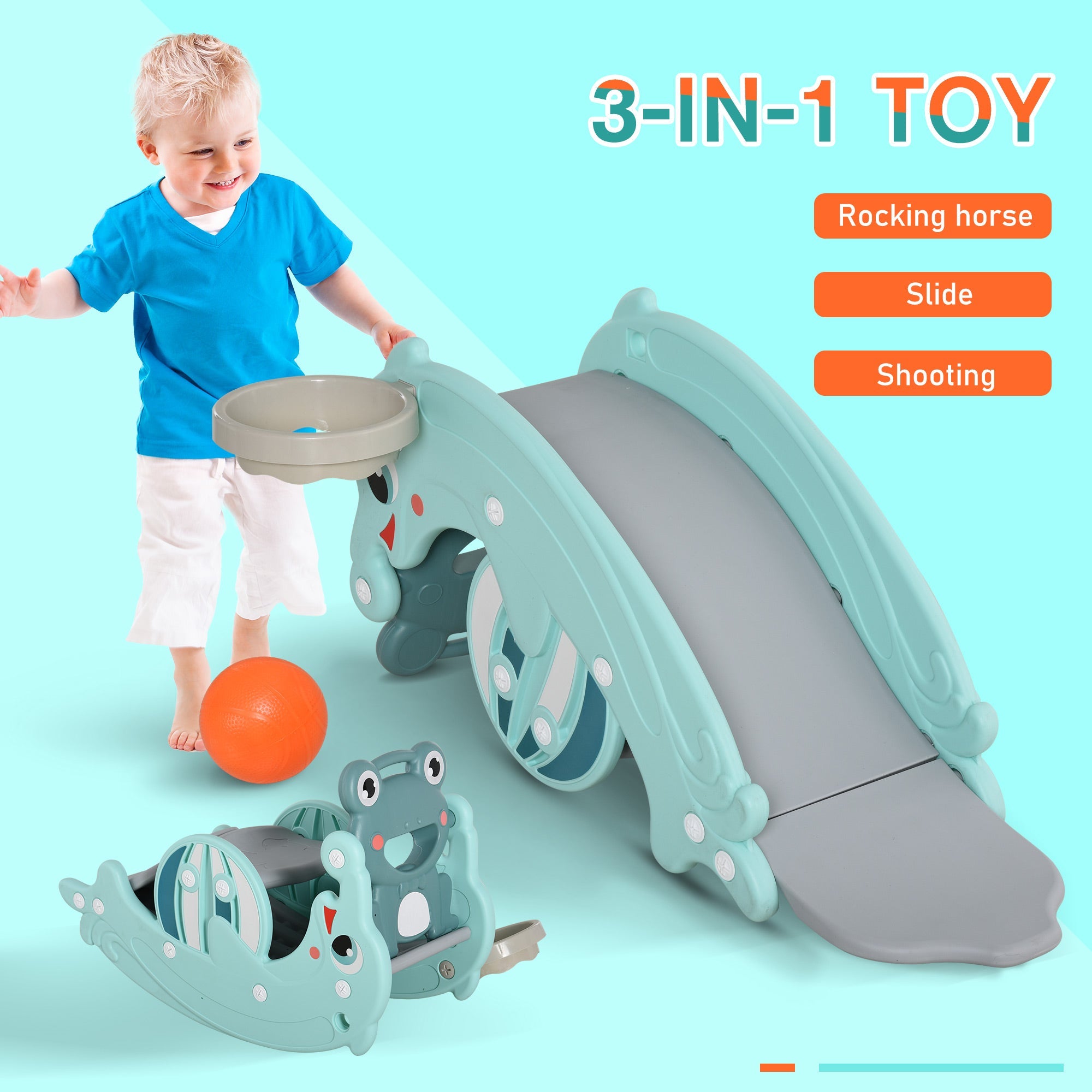 Qaba 3-in-1 Kids Slide Rocking Horse Activity Equipment Portable Green for Ages 3-5 