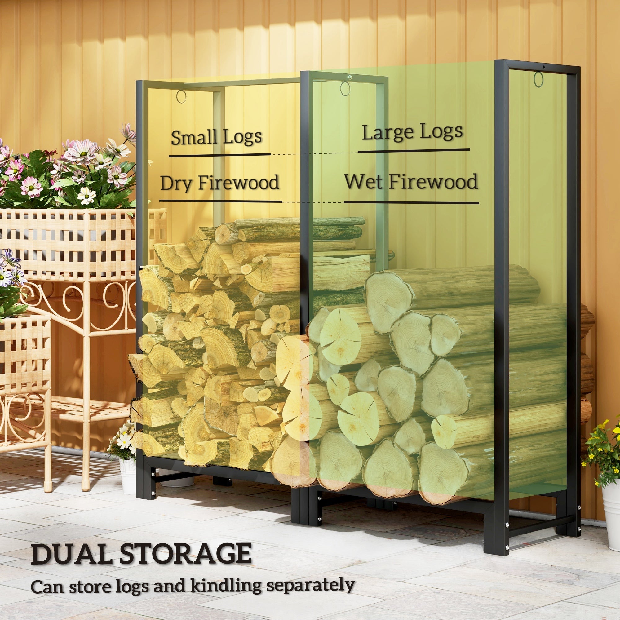 Outsunny 4ft Firewood Rack with Dual Space and Lock Rings, Steel Log Holder for Outdoor Indoor, Black 