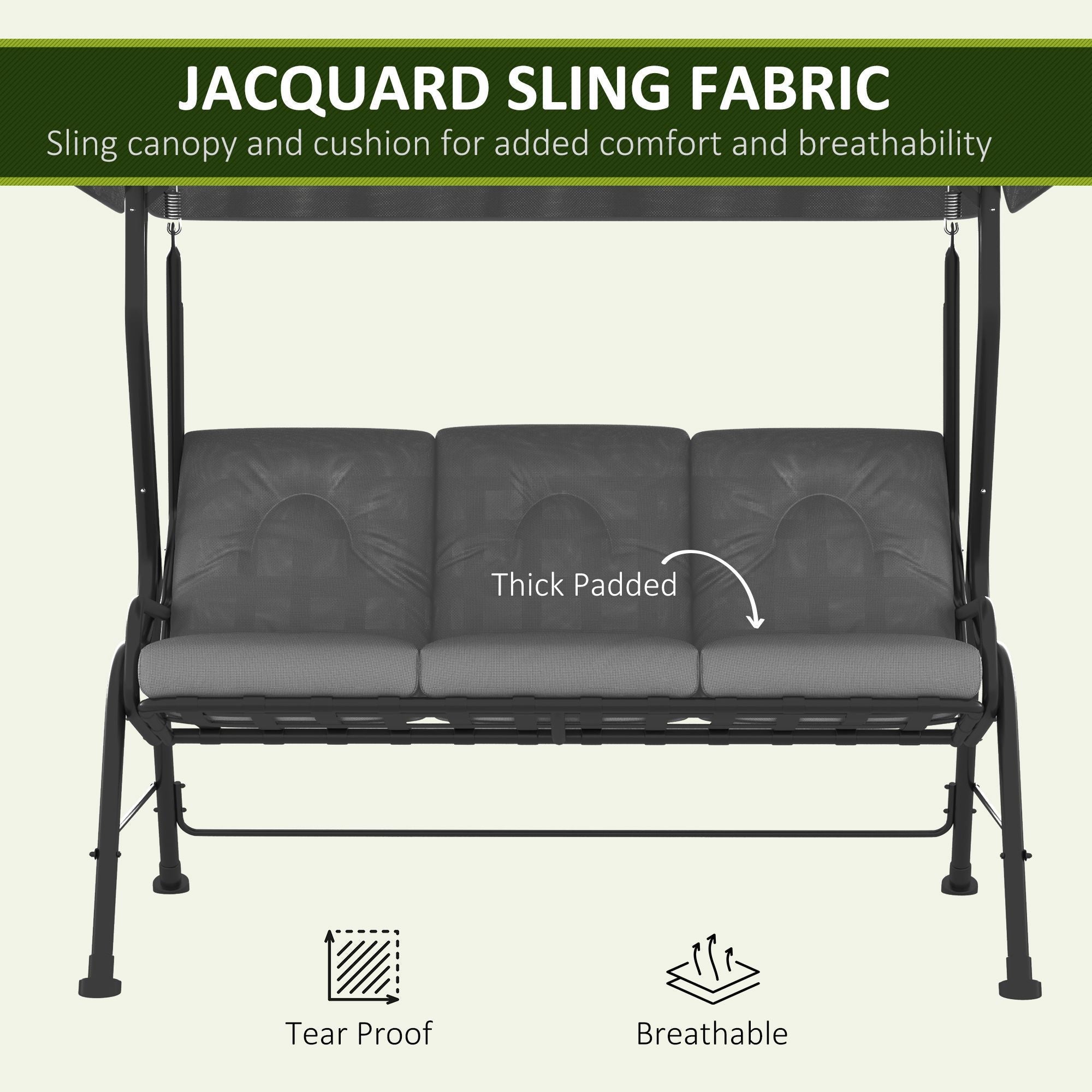 Outsunny 3-Person Patio Swing Chair with Canopy 3 Seater Porch Swing for Garden, Backyard, Poolside, Light Grey 