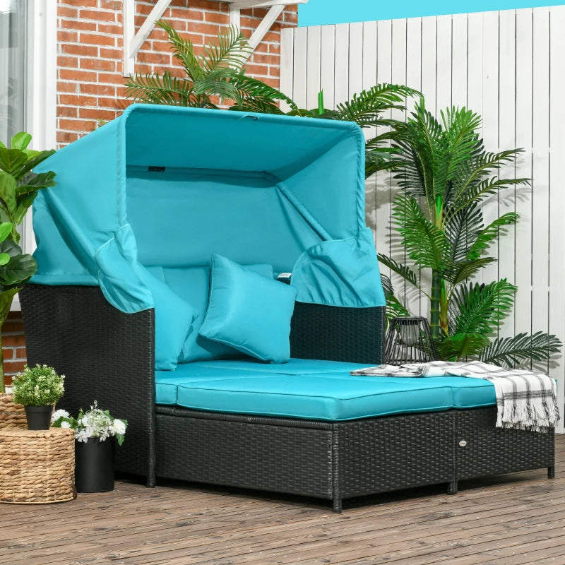 Patio Daybed, Outdoor Wicker Double Daybed, PE Rattan Sun Lounger for 2-Person with Cushions, and Foldable Awning, for Garden, Balcony, Poolside, Green