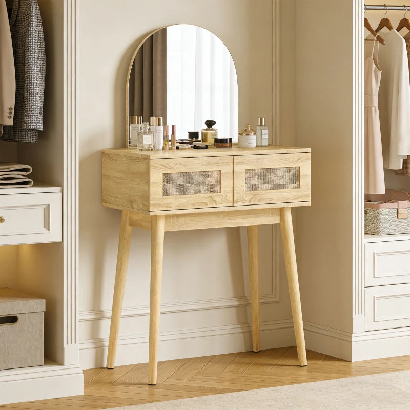 Vanity Desk, Makeup Vanity with with Mirror and 2 Drawers, Natural Wood