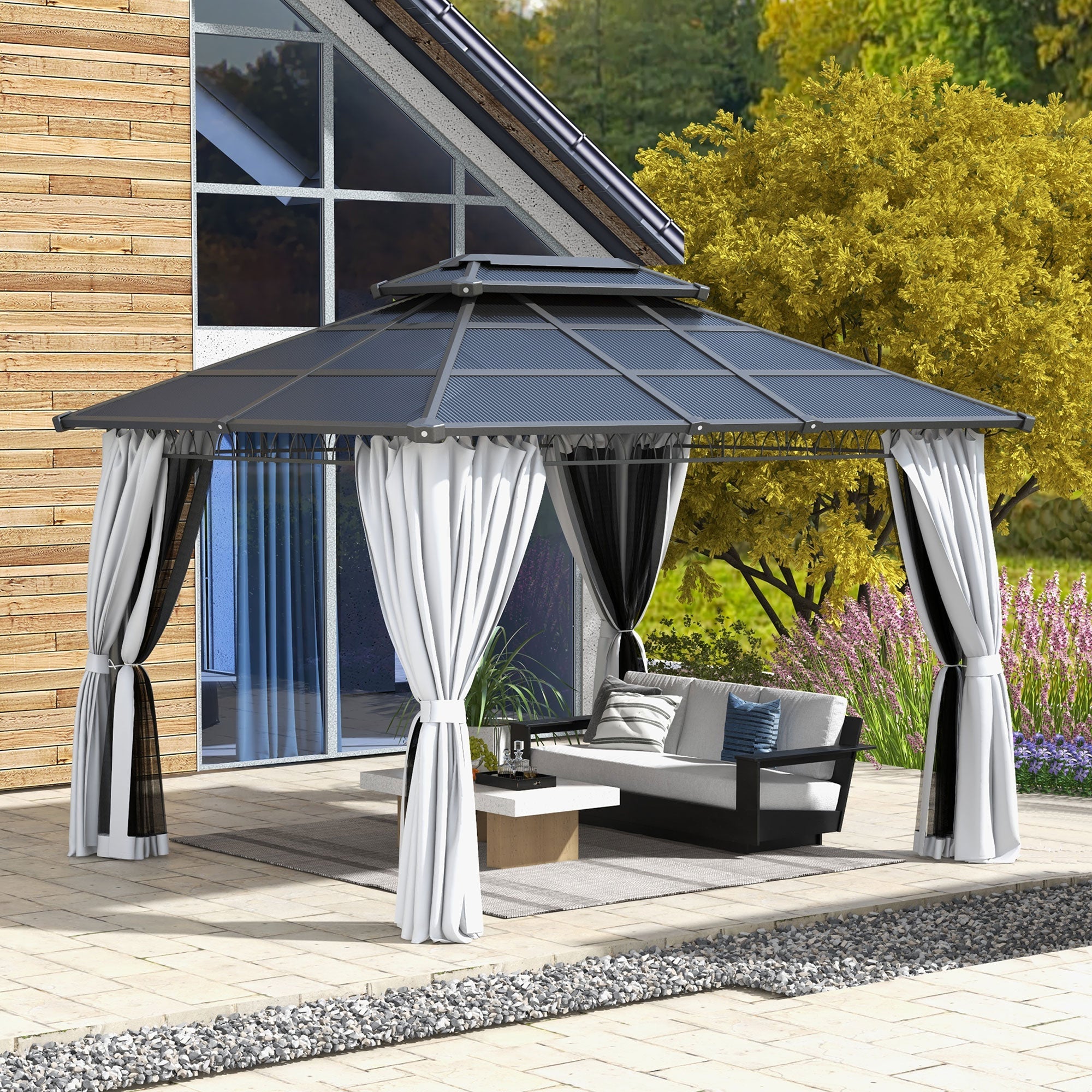 Outsunny Outdoor Hardtop Gazebo: 10'x12' Double PC Roof with Steel Frame, Nettings & Curtains, Grey 