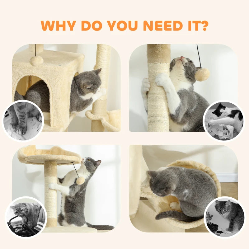 63 Inch Cat Tree with Sisal Scratching Posts, Condos, Plush Perches, Hammock, Ladder, Dangling Balls, Beige