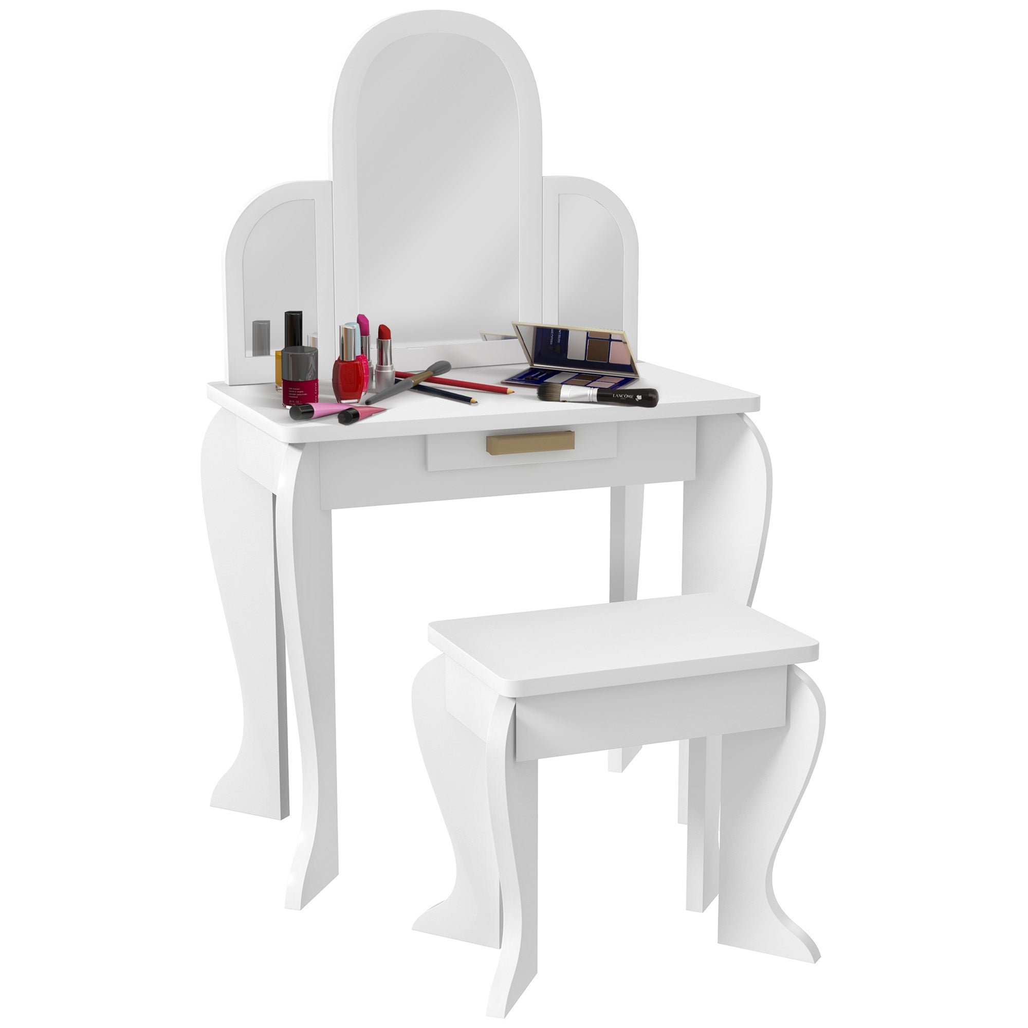 Qaba Kids Dressing Table and Chair Set, Girls Dressing Set, Makeup Desk with Drawer for 3-6 Years Old Kids, White 
