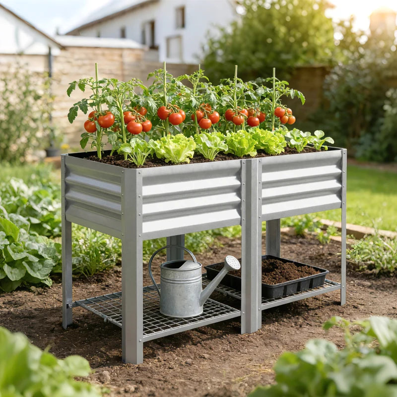 Raised Garden Bed with Legs Storage Shelf Elevated Planter Box 31.5" for Flowers Vegetables Silver