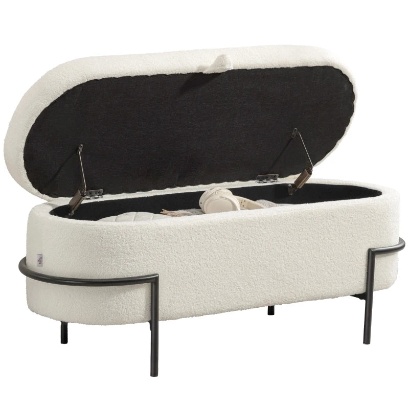 Storage Ottoman with Lift-Up Lid and Steel Legs, 45 Inches Sherpa Fleece Storage Chest for Living Room, Cream White