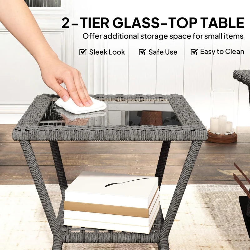 Rocking Bistro Set, 3 Piece Wicker Patio Furniture with High Back Rocking Chairs and 2-Tier Glass Table, Light Grey