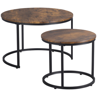 Homcom Rustic Nesting Coffee Tables: Round Set of 2 with Stacking Metal Frame for Cozy Living Room 