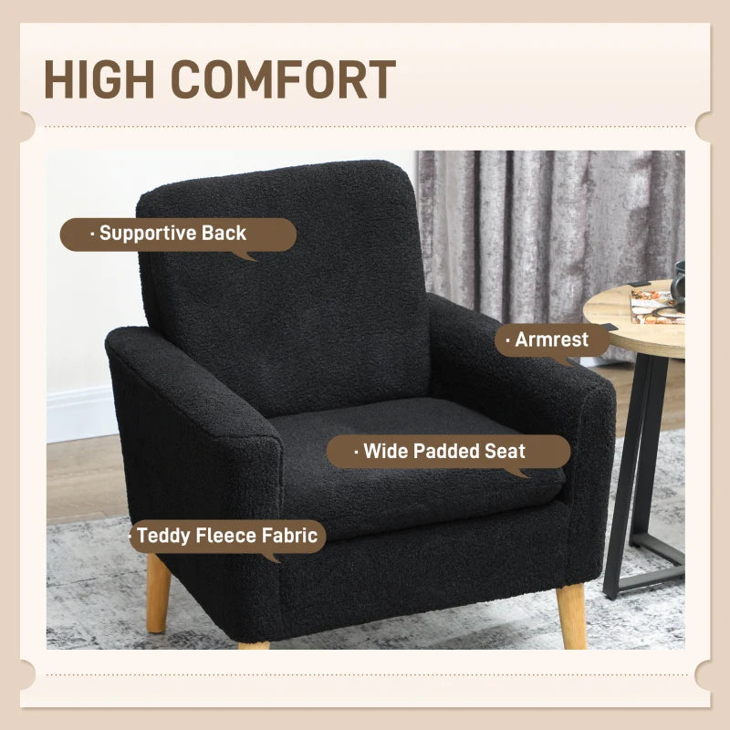 Fabric Accent Chair, Modern Upholstered Armchair with Wood Legs and Wide Padded Seat, Black