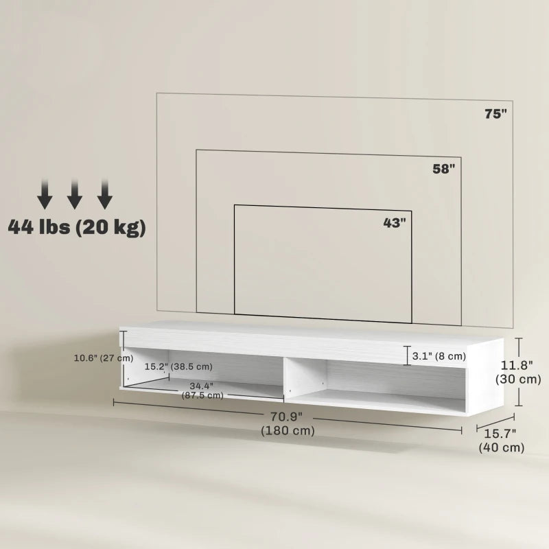 Modern Wall Mounted TV Stand with Storage and LED Lights for TVs up to 75", Floating TV Shelf for Living Room, White