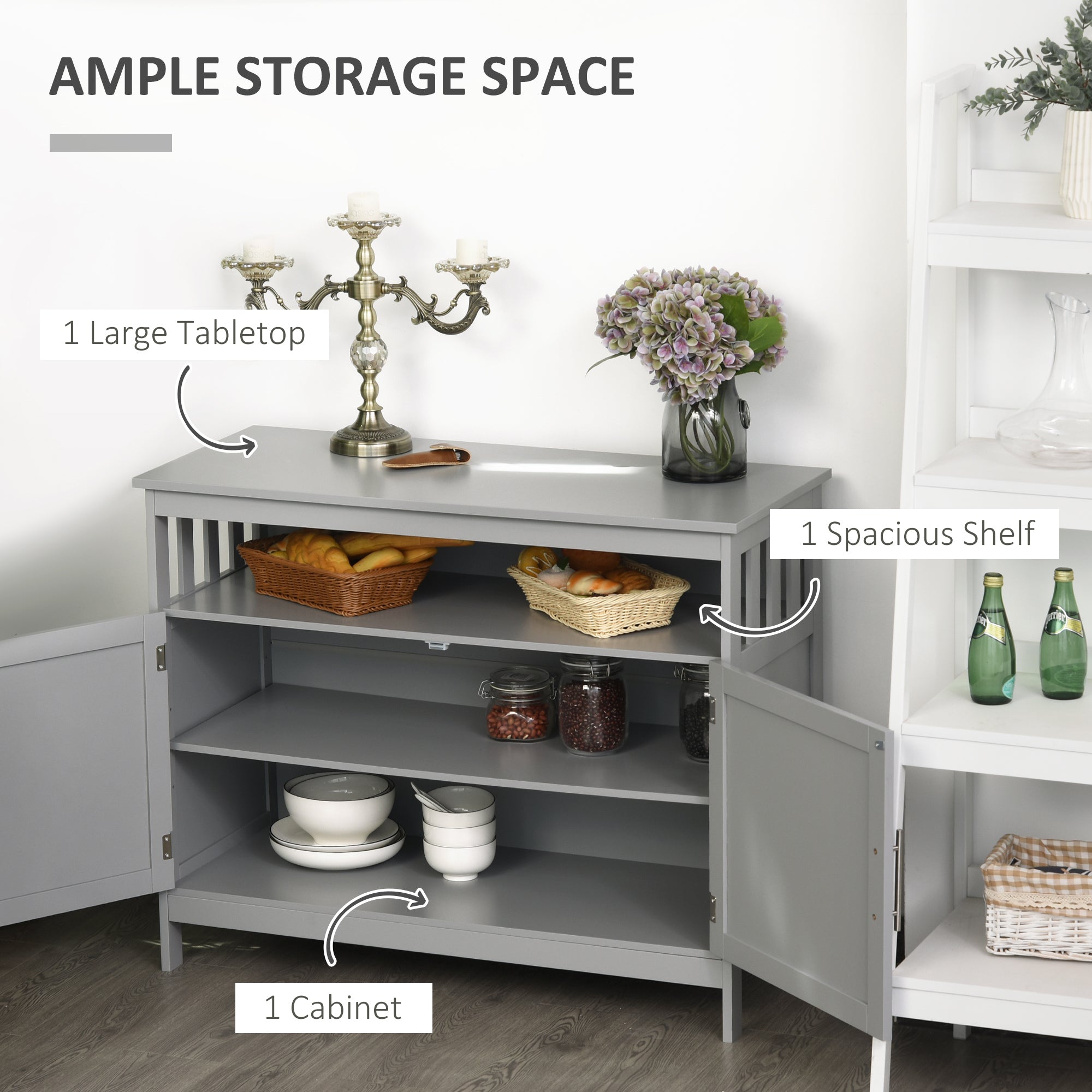 HOMCOM Wooden Storage Console: Kitchen Sideboard Bar Cabinet, Buffet Cabinet with 2-Level Cabinet and Open Shelf, Light Grey 