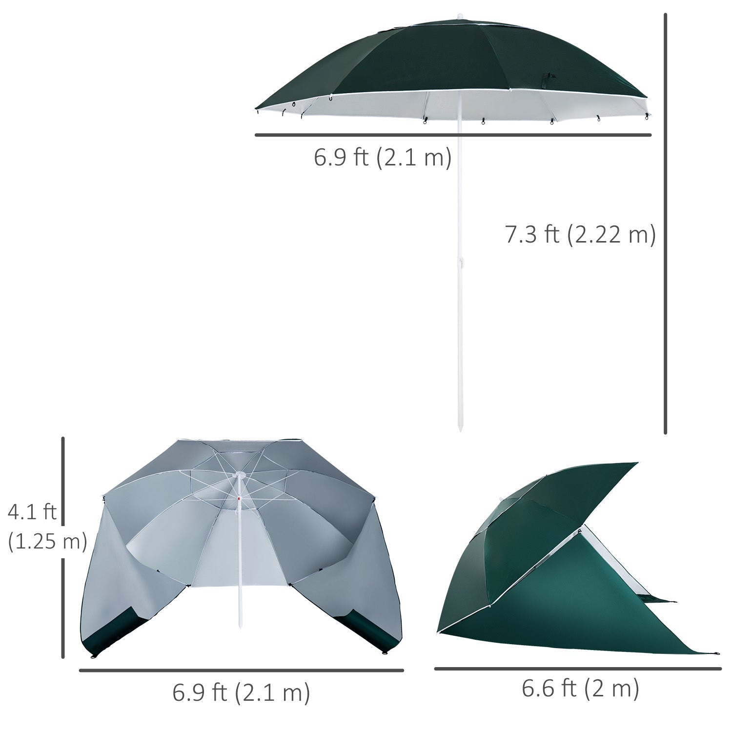 Outsunny 7.5FT 2-in-1 Umbrella Shelter with Carry Bag, Beach Sport Umbrella with Silver Coated UPF50+ UV Protection Dark Green 