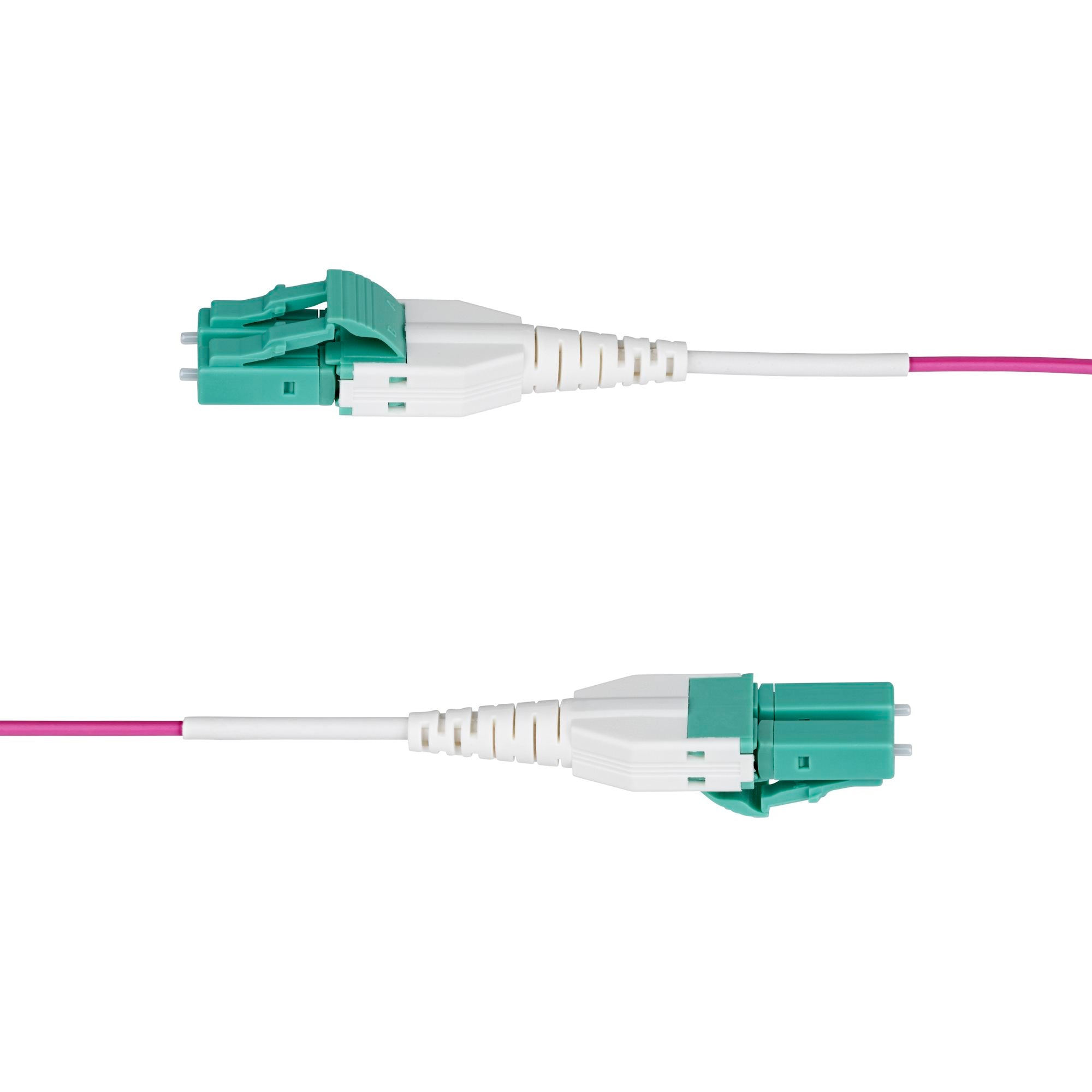 LC to LC (UPC) OM4 Multimode Fiber Optic Cable, Erika Violet, 50/125µm, 40G/100G, LOMMF/VCSEL, Uniboot Fiber Jumper Cord, OFNR Riser Rated 