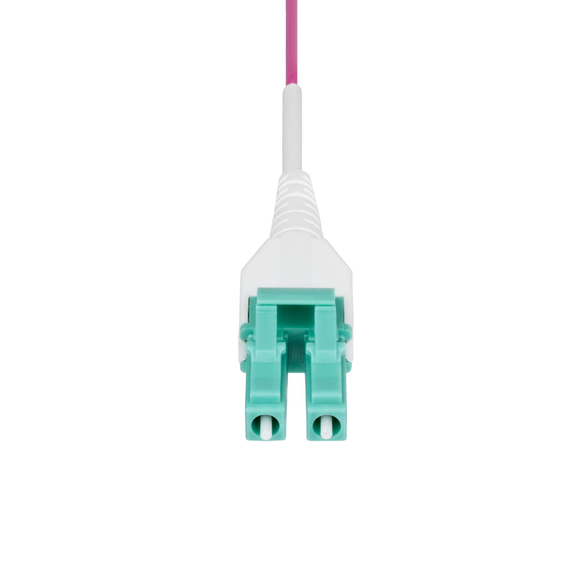 LC to LC (UPC) OM4 Multimode Fiber Optic Cable, Erika Violet, 50/125µm, 40G/100G, LOMMF/VCSEL, Uniboot Fiber Jumper Cord, OFNR Riser Rated 