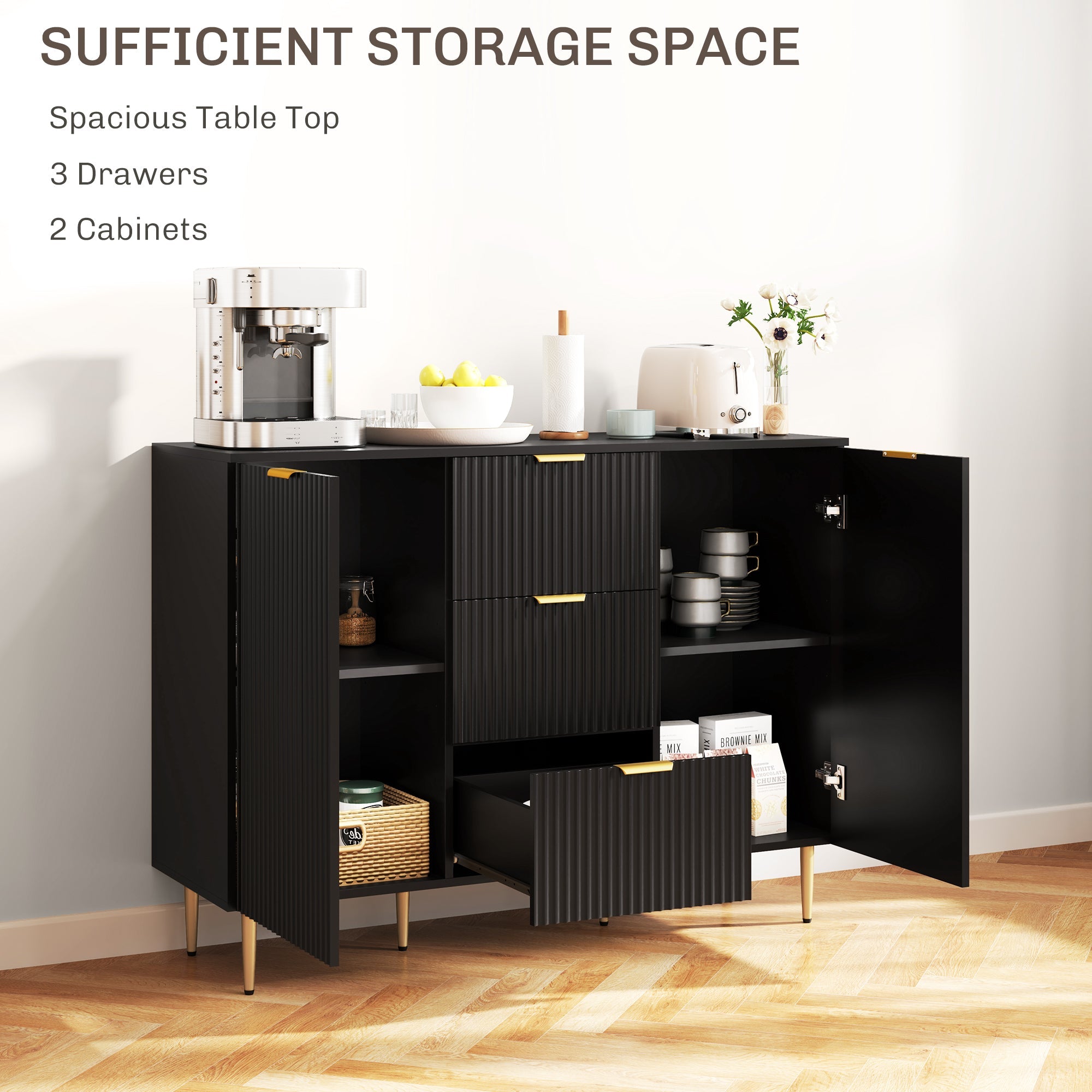HOMCOM Modern Kitchen Storage Cabinet, Sideboard Buffet Cabinet w/ 3 Drawers and Adjustable Shelves for Kitchen Hallway, Black 