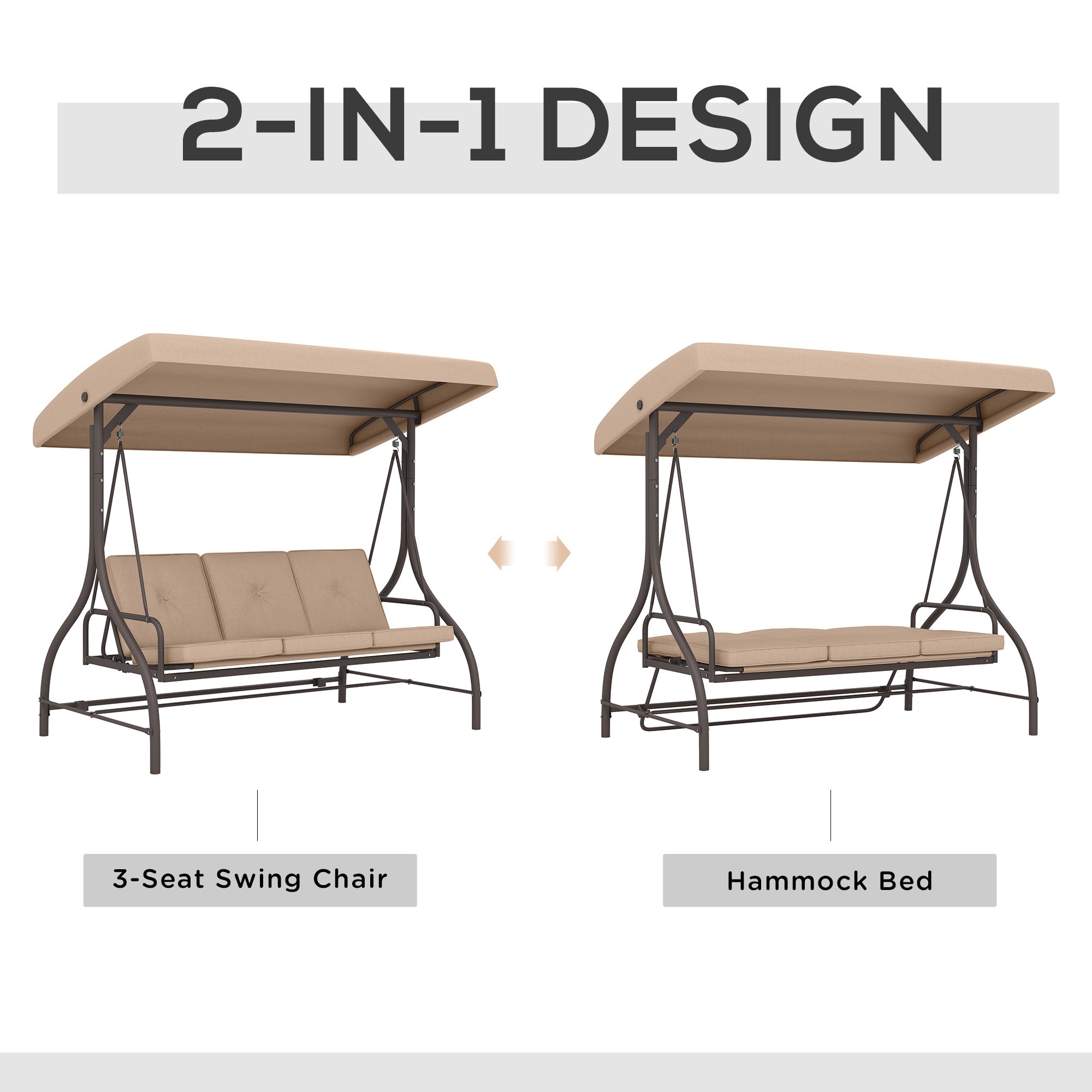 Outsunny Convertible Patio Swing Bed with Canopy and Cushions, 3 Seater Porch Swing for Outdoor, Backyard, Garden, Khaki 