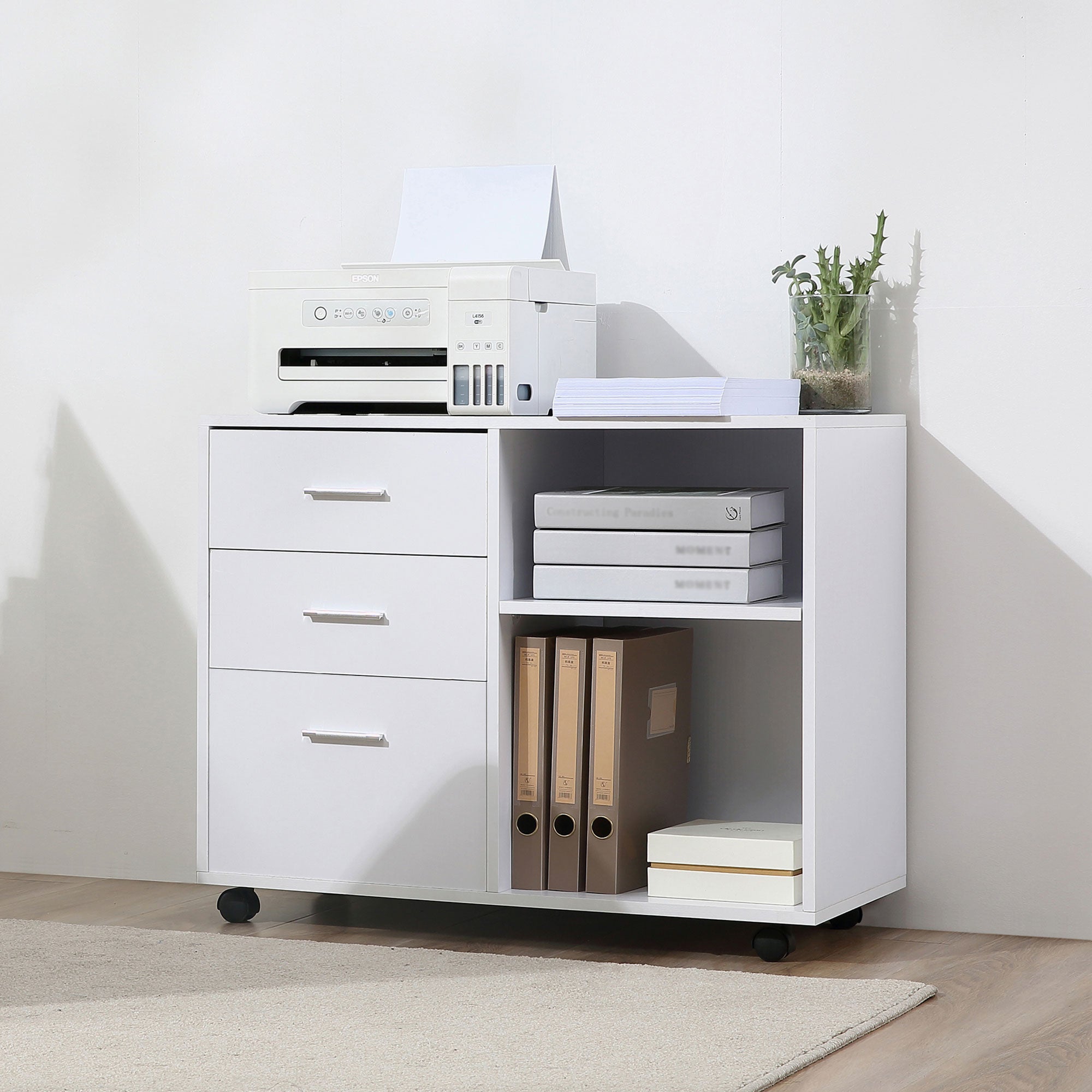 HOMCOM Mobile Printer Stand: Storage Space, 3 Drawers, Shelves, Home Office, White, Rolling Cabinet 