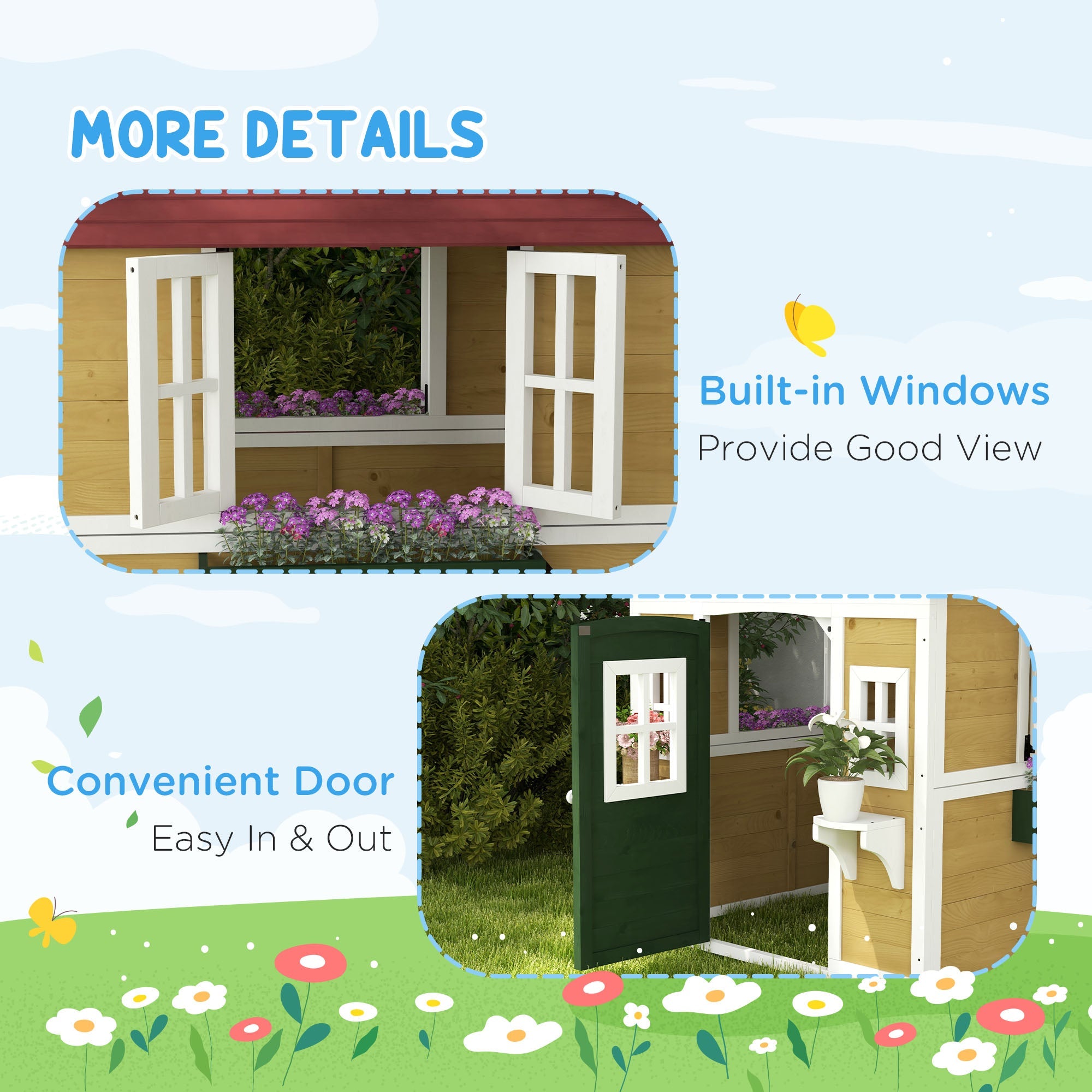 Outsunny Wooden Playhouse for Kids Outdoor with Door, Windows, Planter Pots and Boxes for Toddlers 3-8 Years, Beige 