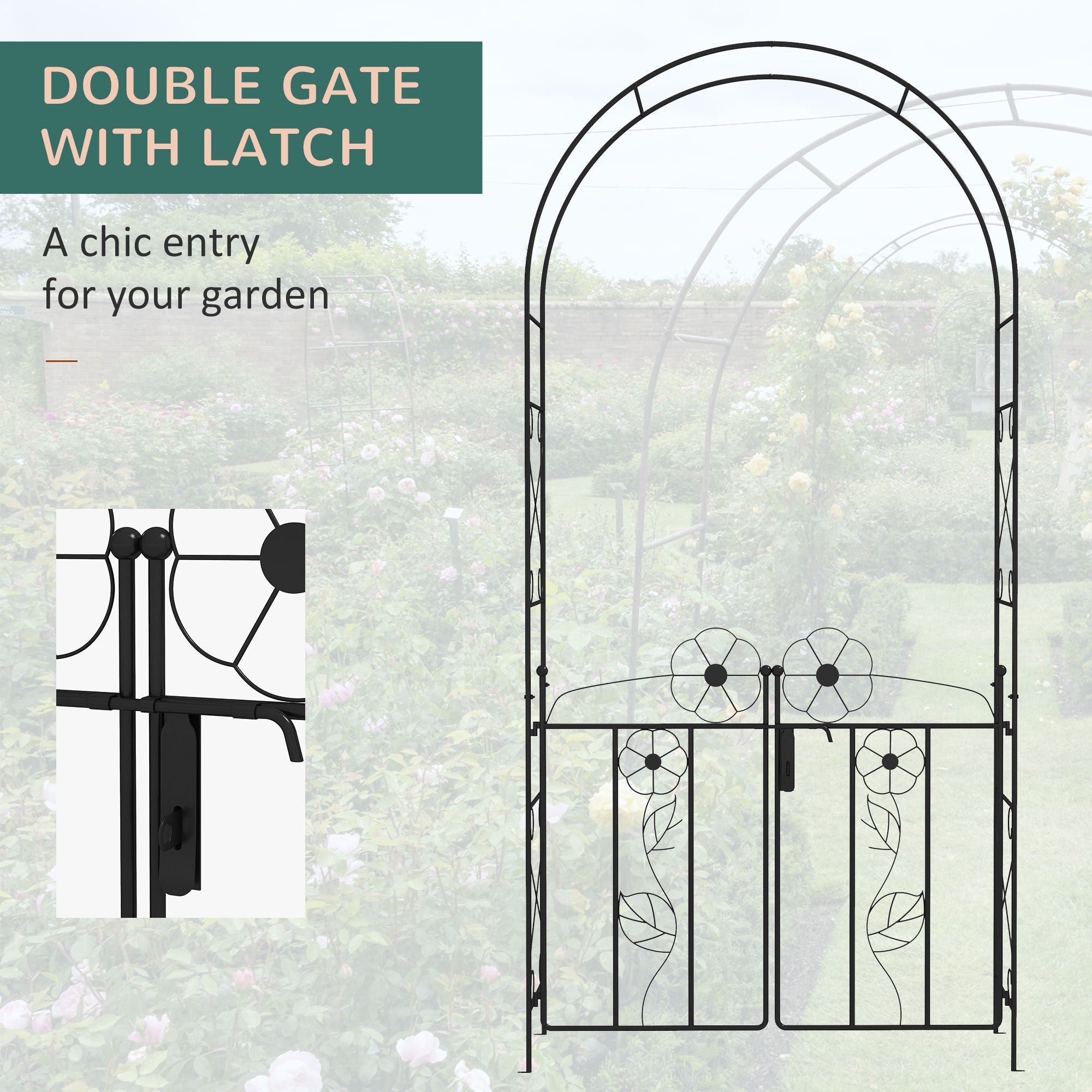 Outsunny 7.5FT Metal Double Gate Garden Arch Trellis for Climbing Vines Outdoor Wedding Decoration Black 