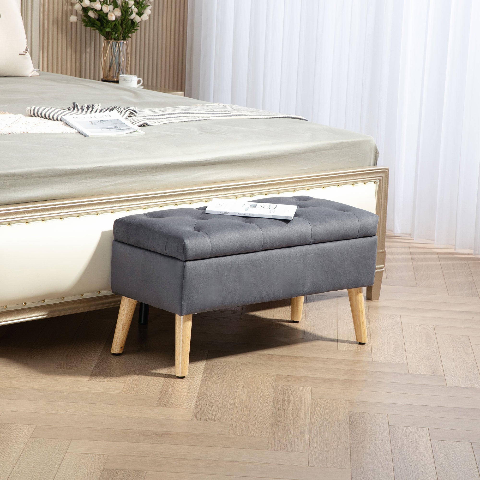 HOMCOM Storage Ottoman with Lid, Velvet Upholstered Storage Bench with Wood Legs for Living Room, Charcoal Grey 