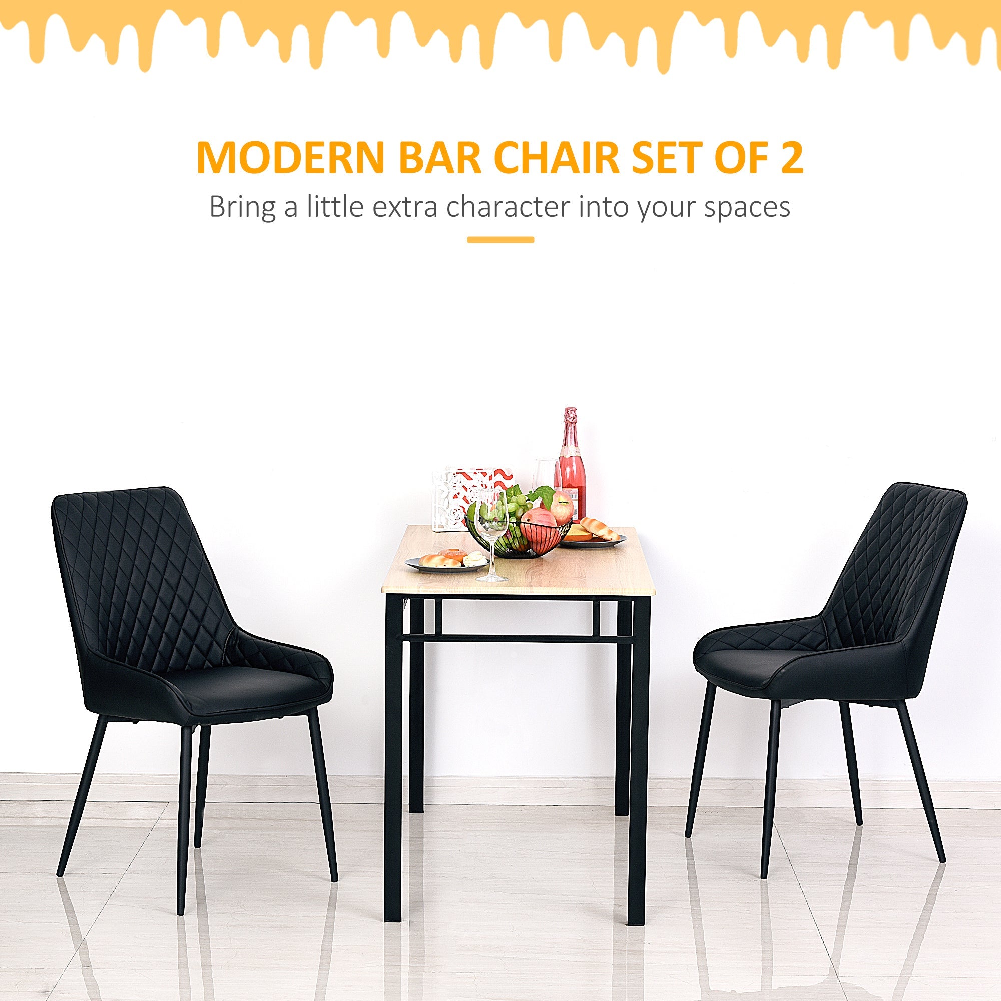 HOMCOM 2 Pack Mid Century Dining Chairs Black PU Leather Padded Metal Legs Modern for Kitchen Office 