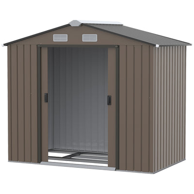Outsunny Garden Storage Shed 7' x 4' x 6' Outdoor Patio Metal Tool Storage Double Doors Foundation Brown 