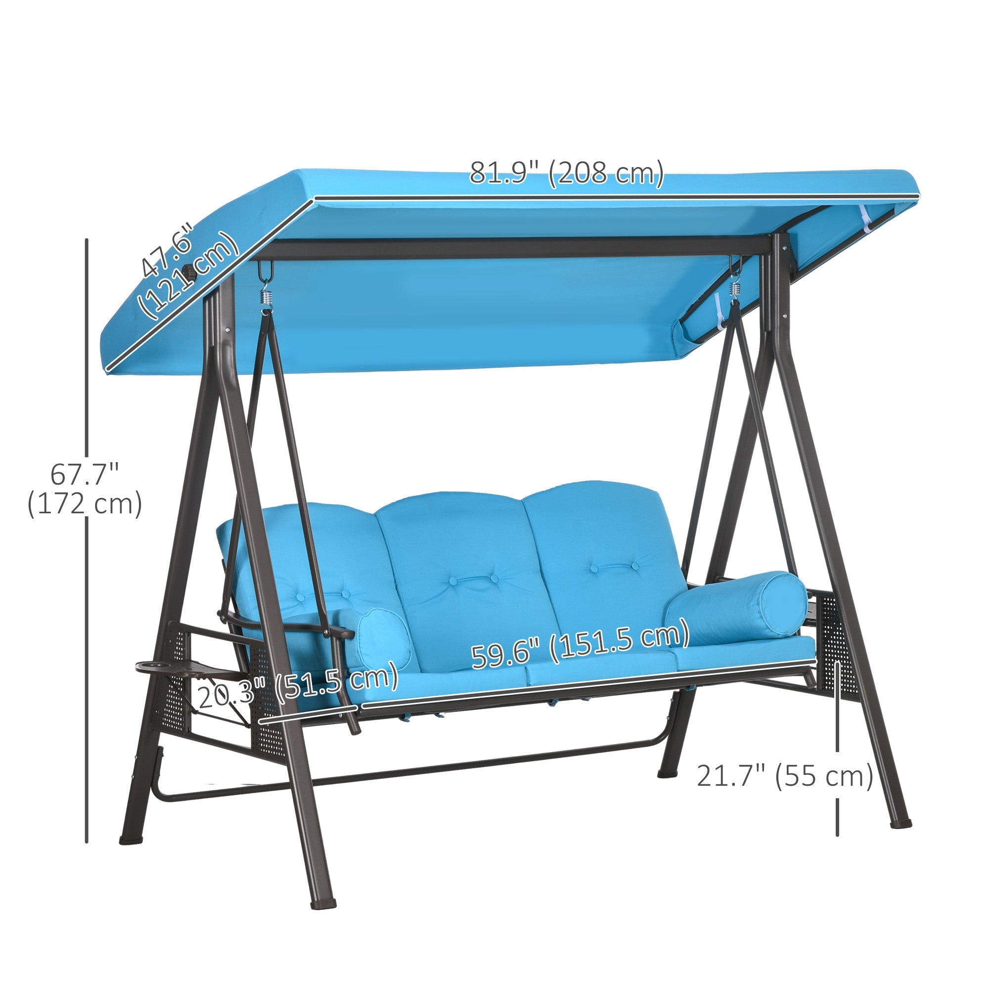 Outsunny Outdoor Patio 3-Person Steel Canopy Cushioned Seat Bench Swing with Included Side Trays & Padded Comfort, Light Blue 