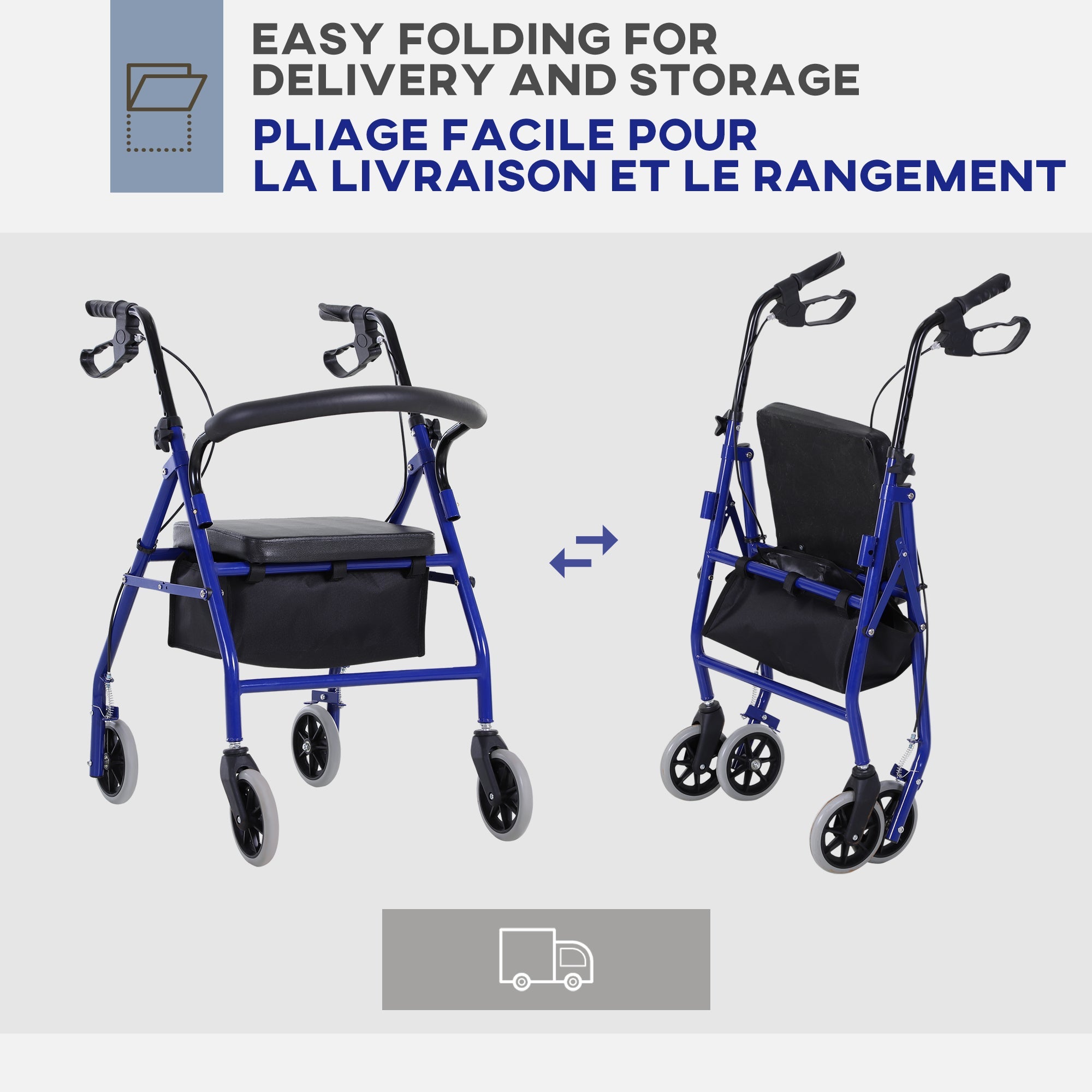 HOMCOM Adjustable Aluminum Rollator Walker: Foldable Drive Medical Wheelchair with Bag 