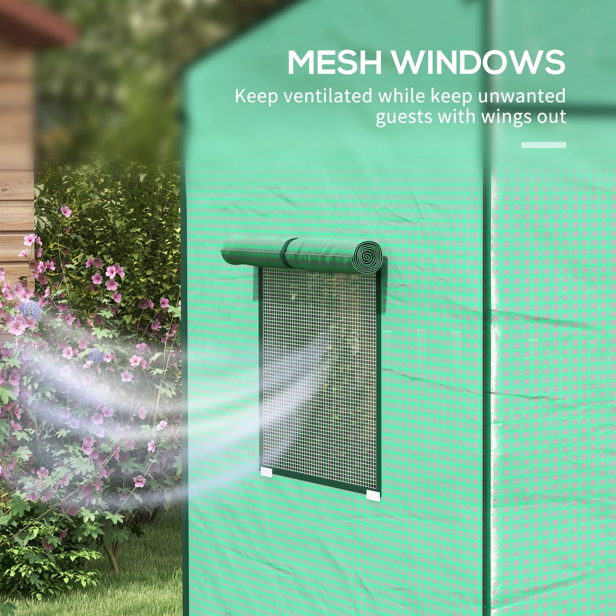 Outsunny Garden Greenhouse Enclave: Walk-In Lean-To with Reinforced PE Cover, Roll-Up Entry Mesh Vents Green 