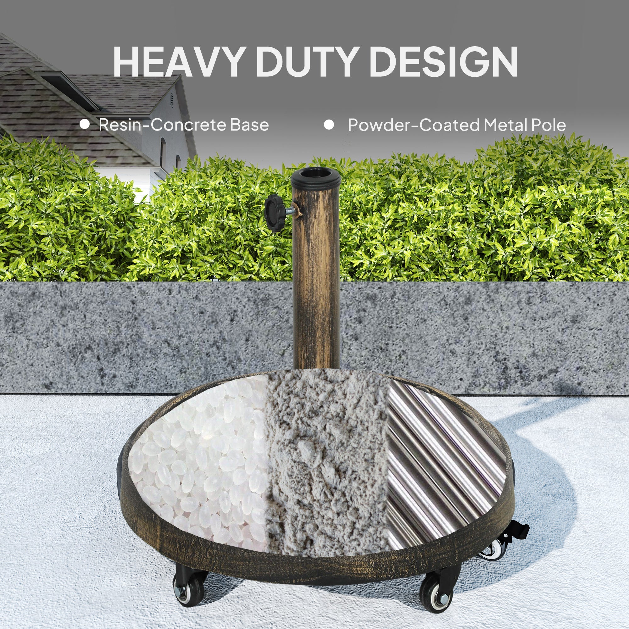 Outsunny Round Patio Umbrella Base, 46 lbs Resin Umbrella Stand with Wheels, Outdoor Umbrella Stand for 1.3"/1.5"/1.9" Umbrella Poles for Outdoor, Lawn, Poolside, Bronze 
