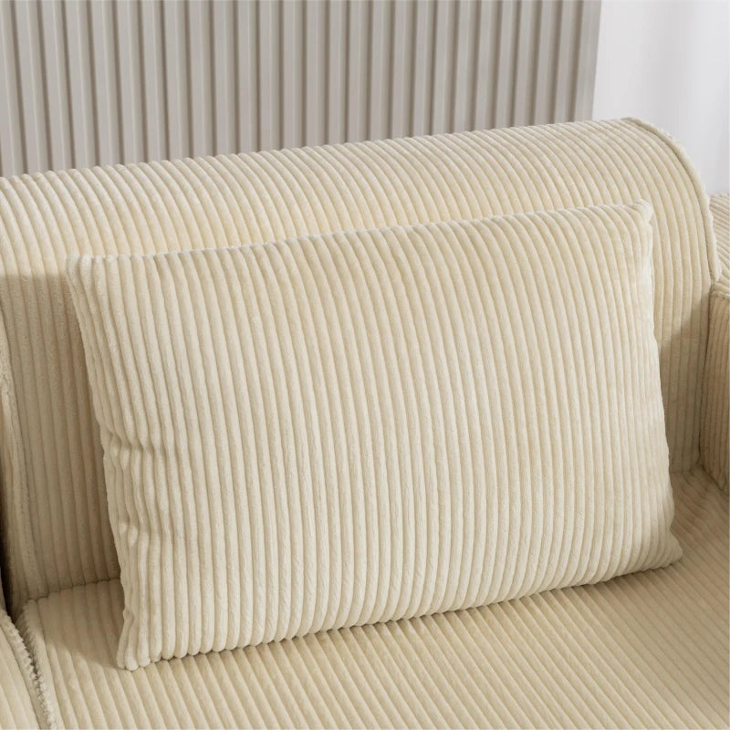 Boneless Couch, Corduroy 3 Seater Sofa with Deep Seat, Wide Armrests, 2 Pillows, Quick Assembly for Living Room, Beige