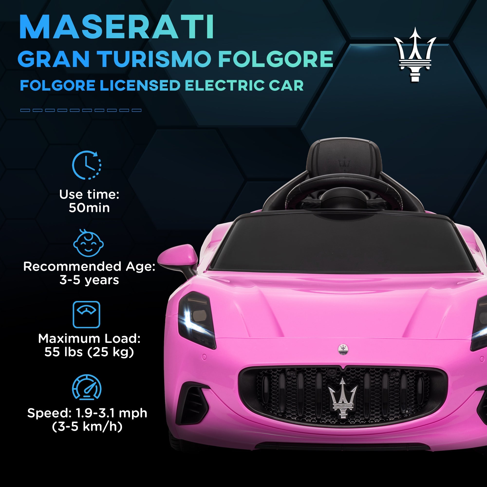 Qaba 12V Maserati Gran Turismo Licensed Kids Electric Car w/ Remote Control, Soft Start, LED Lights, Music, Horn, MP3, Pink 