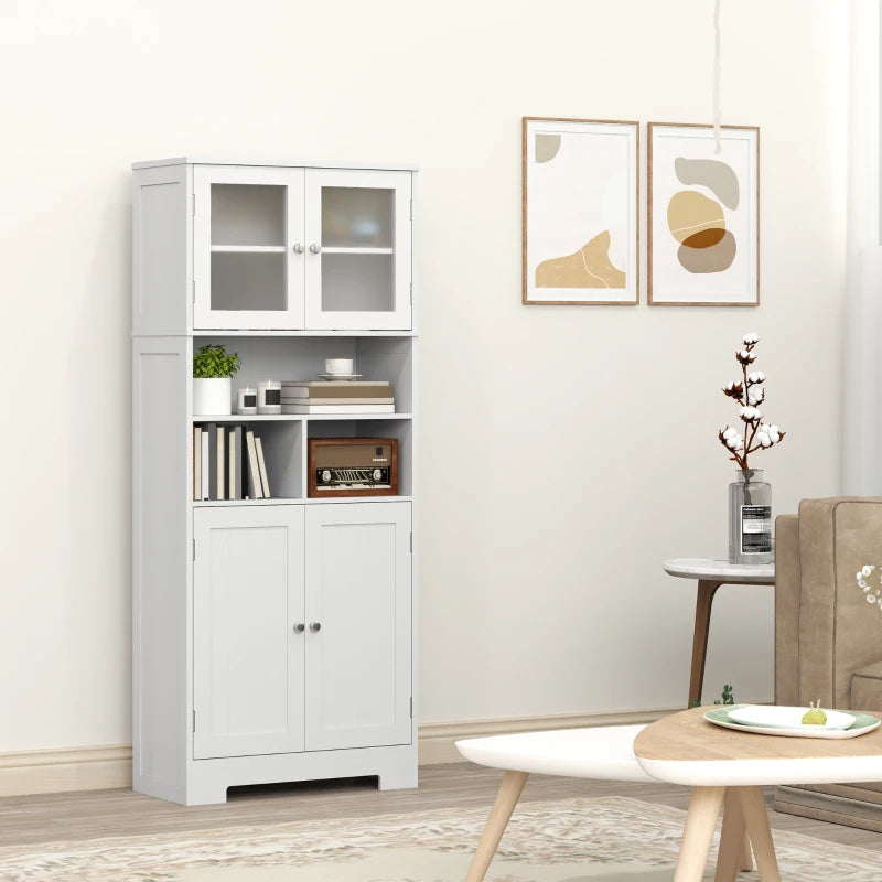 57" Kitchen Pantry, Freestanding Pantry Storage Cabinet with Glass Doors, Adjustable Shelves, Open Compartments, White