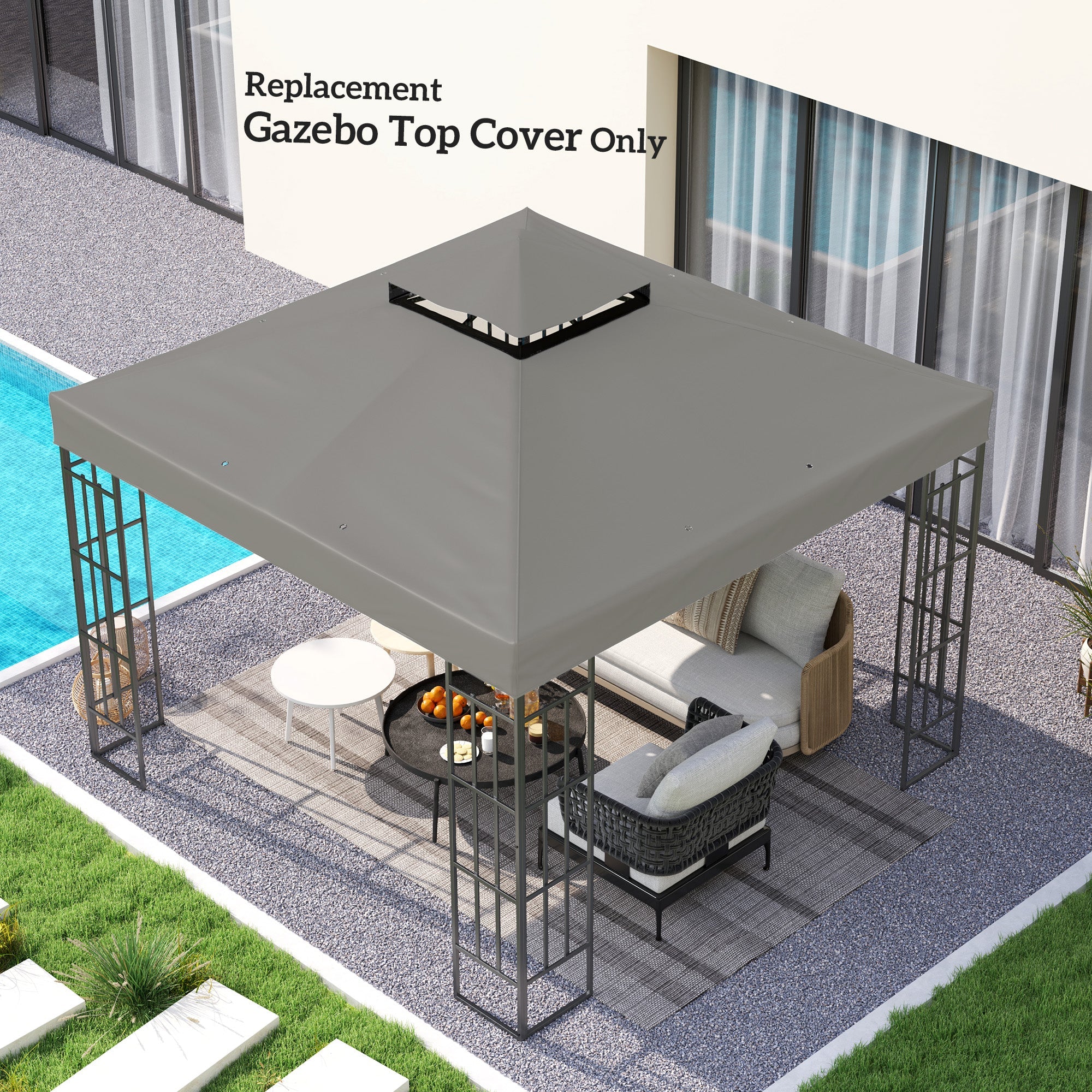 Outsunny 10' x 10' Gazebo Canopy Replacement Cover, 2-Tier Garden Gazebo Roof Replacement, UPF30+, TOP COVER ONLY, Grey 