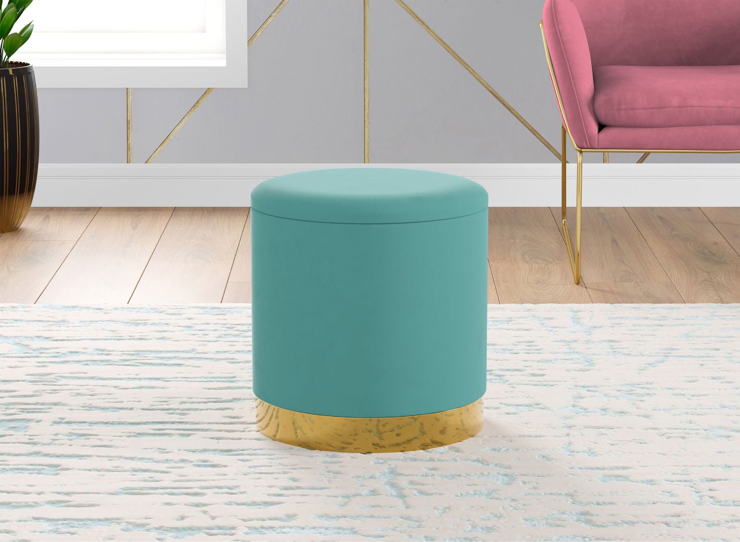 Ottoman Cylindre Velvet Aqua Gold Metal 