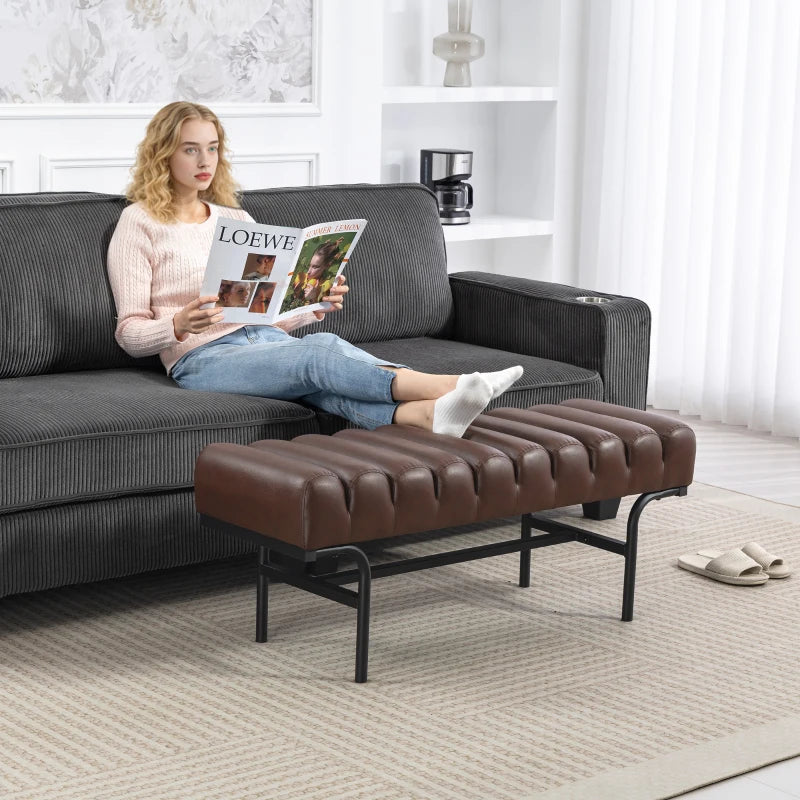 Bedroom Bench PU Leather End of Bed Bench with Cylindrical Seat and Metal Legs for Bedroom Living Room Hallway Brown