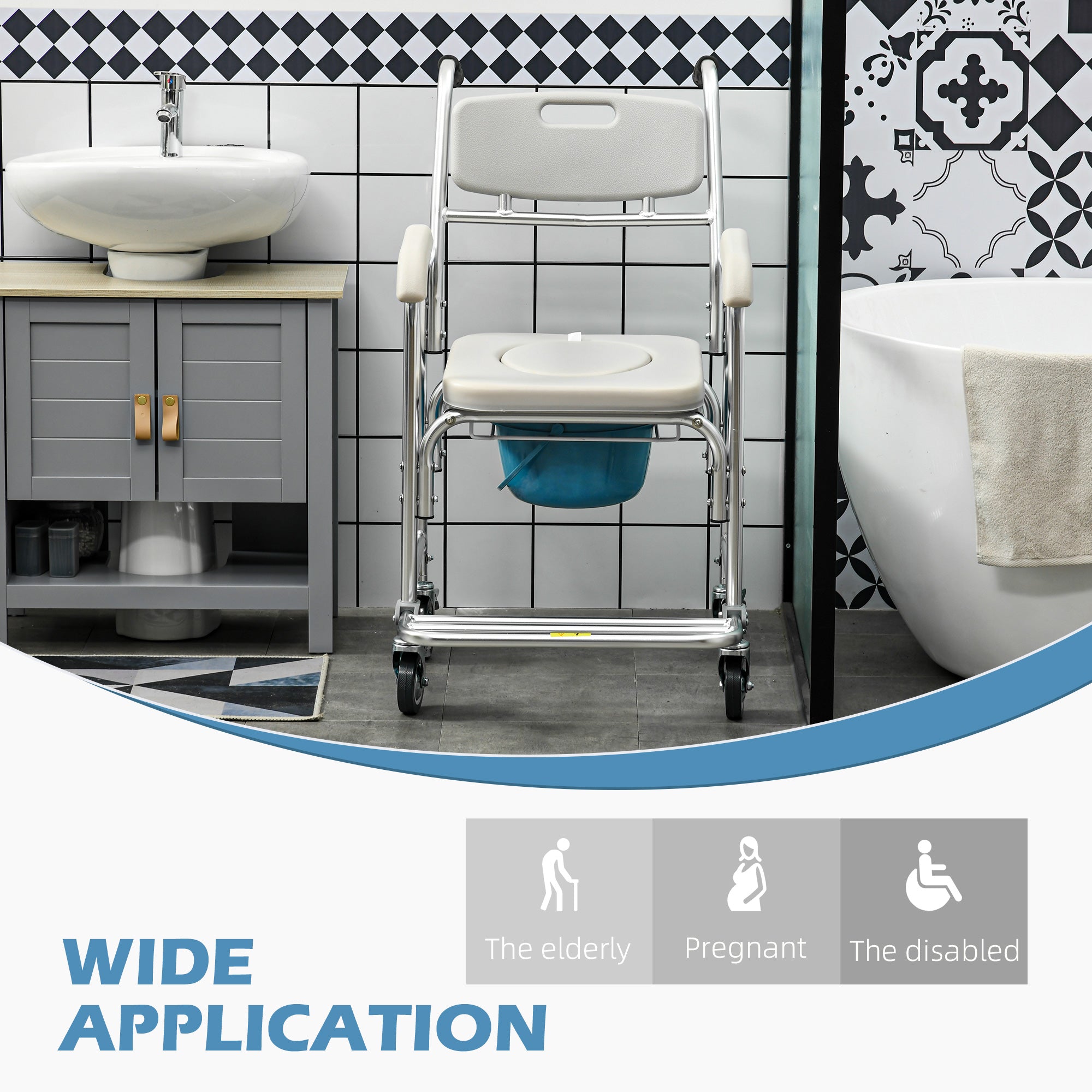 HOMCOM 3-in-1 Shower Commode Wheelchair, Transport Beside Commode Chair with Padded Seat for the Elder, Disabled 