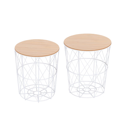 HOMCOM Nesting Coffee Table Set: 2 Round Metal Wire Baskets in White & Natural Finish 