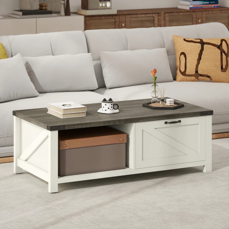 Farmhouse Coffee Table with Drawer, Open Storage Shelf for Living Room, Dining Room, Office, Distressed White