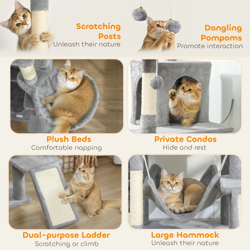 76" Large Cat Tree for Indoor Cats with 8 Scratching Posts, 3 Plush Beds, 2 Hammocks, 2 Large Condos, Ramp, Light Grey