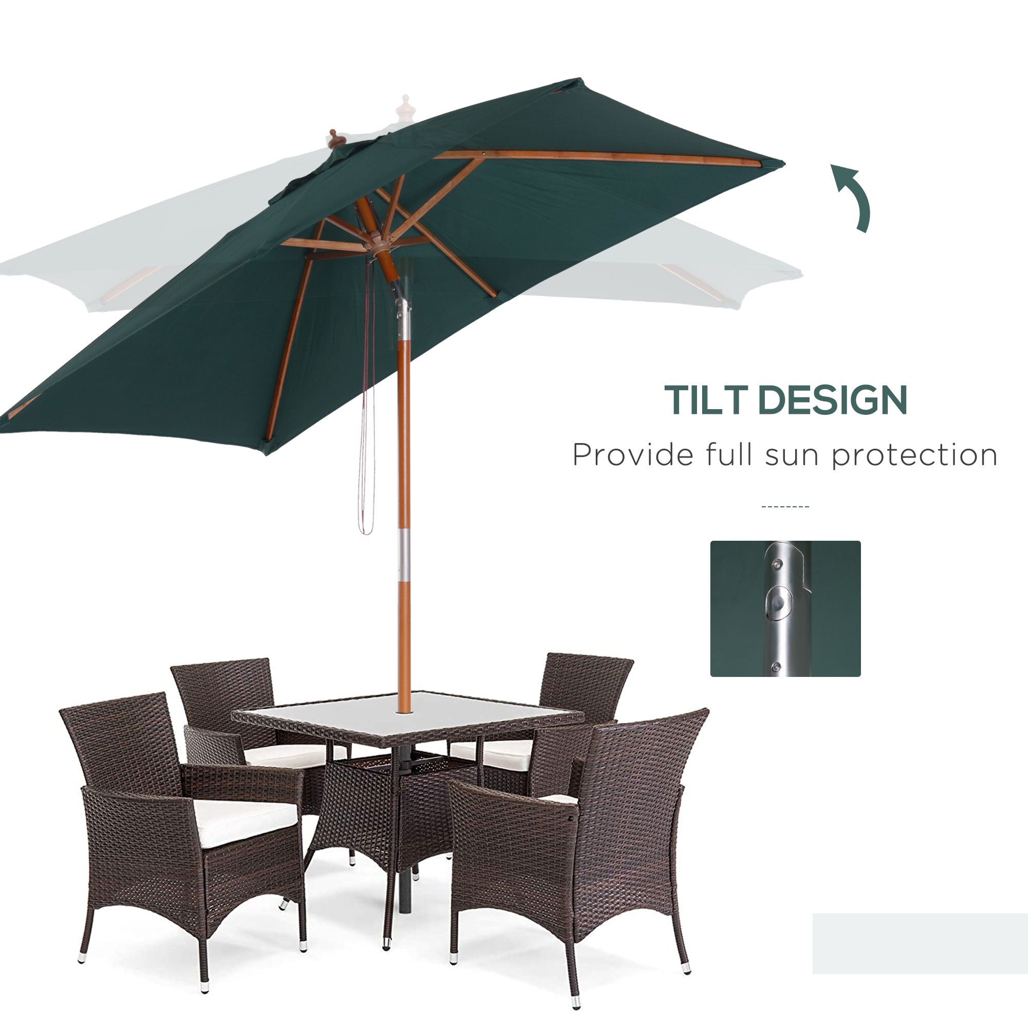 Outsunny Square Wooden Patio Umbrella: 6.6x5ft Tilt Mechanism with 6 Bamboo Ribs Sunshade, Green 