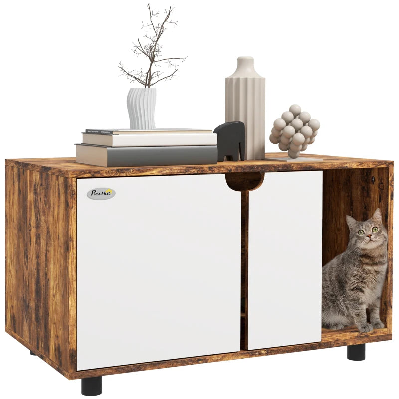 Hidden Cat Litter Box Enclosure with Double Doors and Sand Drain Pad, Rustic Brown