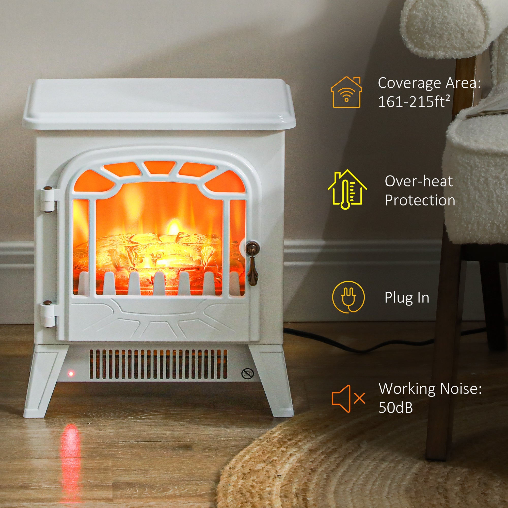 HOMCOM Freestanding Electric Fireplace Stove Heater with Overheat Protection and Realistic Flame Effect, 750W/1500W, White 