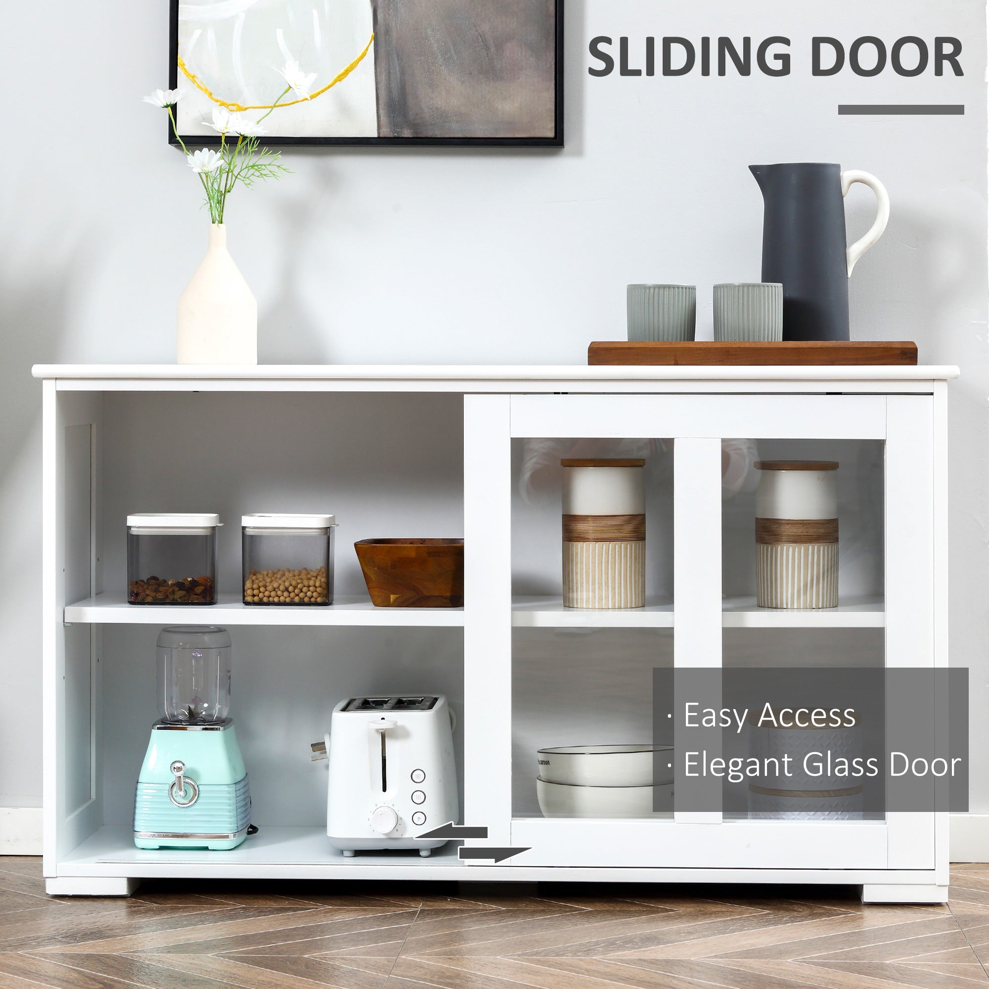 HOMCOM Modern Stackable Cabinet: Kitchen Sideboard Bar Cabinet, Glass Door Console, Cupboard Serving Buffet, Sleek White 