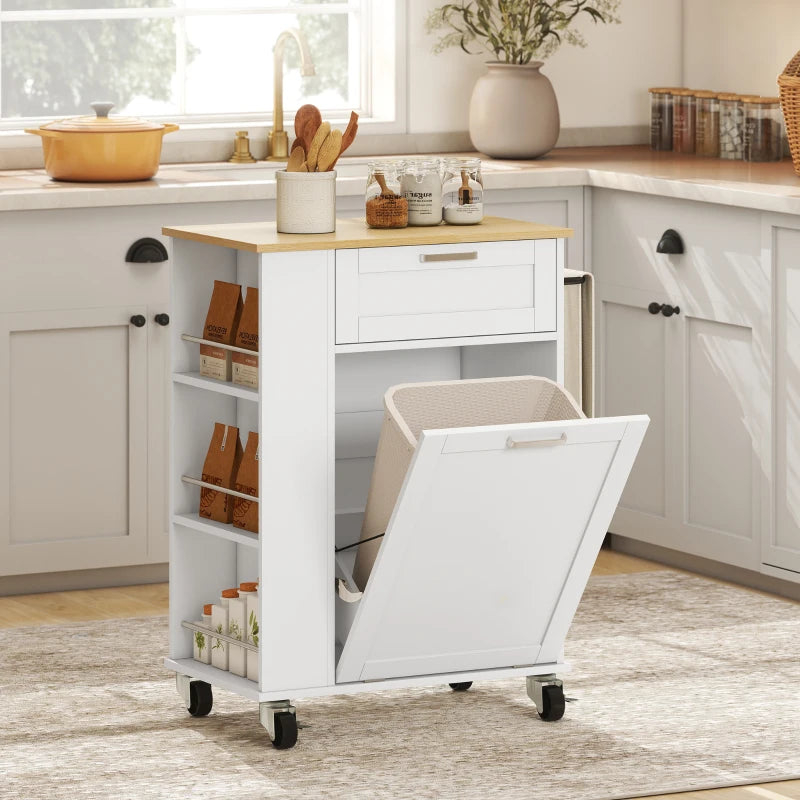Rolling Kitchen Island with Trash Can Storage, Kitchen Island on Wheels with Spice & Rack, Drawer for Kitchen, White