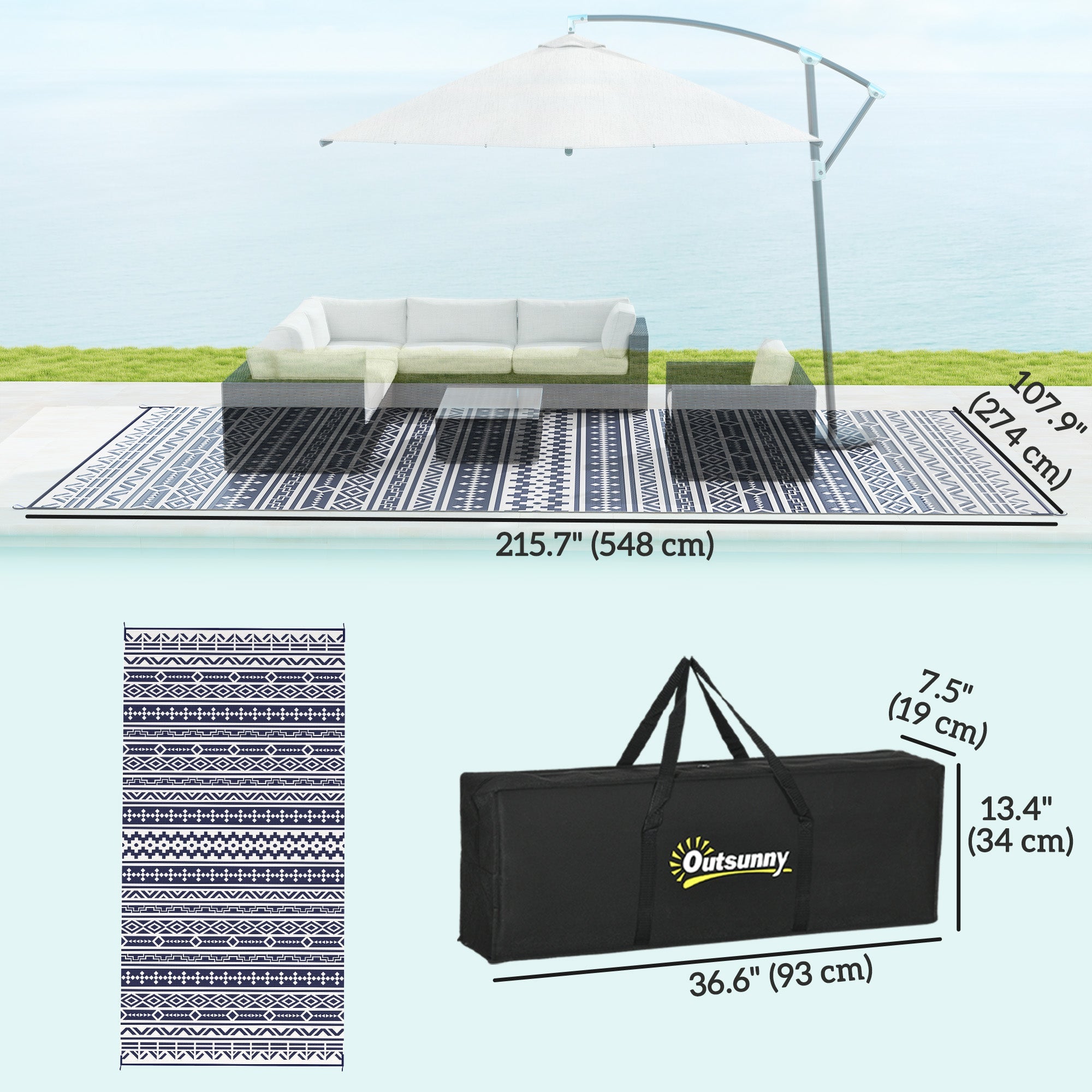 Outsunny 9' x 18' Outdoor RV Rug, Reversible Patio Floor Mat with Carry Bag, Geometric Wall, Blue and White 